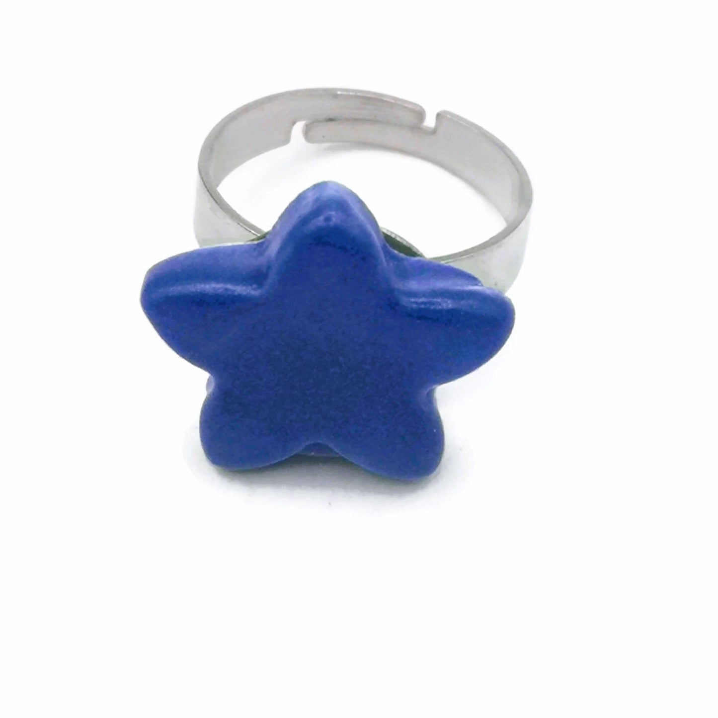 Handmade Ceramic Blue Star Statement Ring For Women, Stainless Steel Adjustable Ring, Porcelain Best 9th Anniversary Gifts For Her - Ceramica Ana Rafael