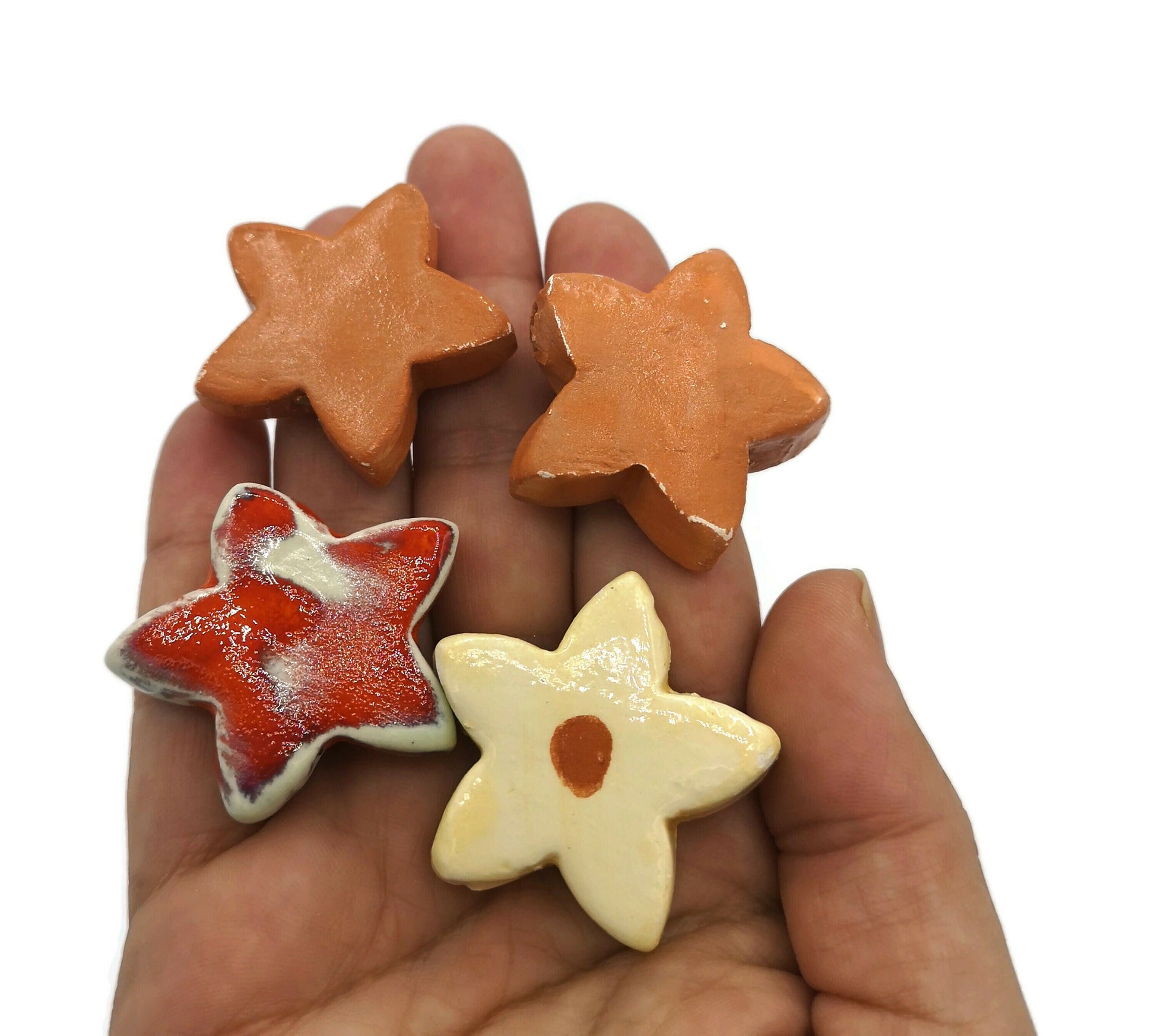 STAR CERAMIC BEADS, Mixed Set Of 4 Decorative Jewelry Making Beads Large Macrame Beads Colorful Flower Shaped - Ceramica Ana Rafael