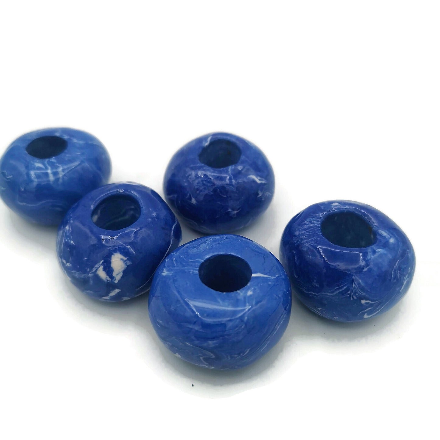 5Pc Large Ceramic Beads For Macrame and Statement Jewelry Making, Marbled White and Blue Clay Beads With Large Holes - Ceramica Ana Rafael