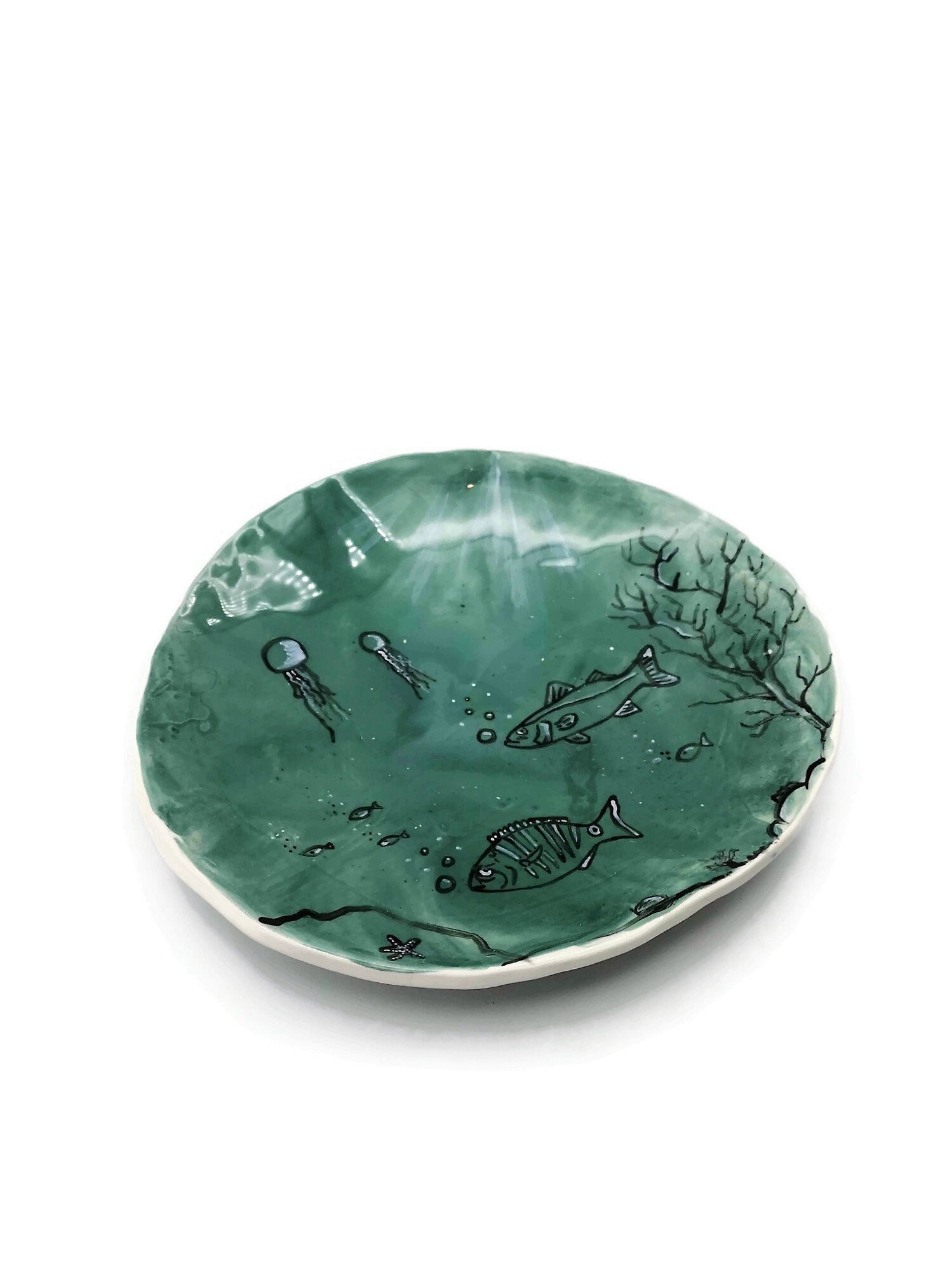 Large Handmade Ceramic Plate, Ocean Home Decor For Wall Display, Green Portuguese Pottery Unique Dinner Plates, Serving Cake Platter - Ceramica Ana Rafael