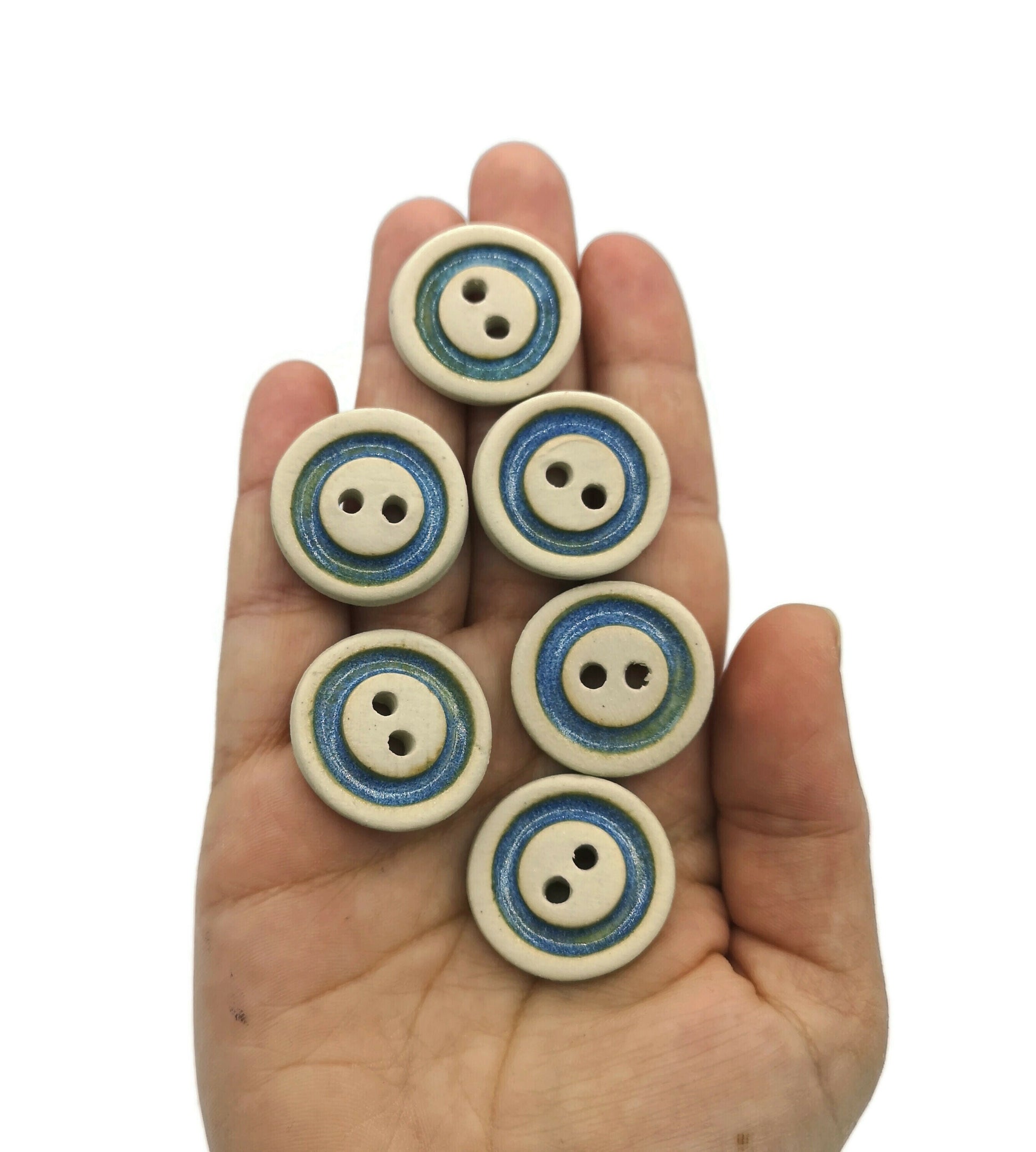 6Pc 25mm/1in Handmade Ceramic Sewing Buttons, Matte Beige With Glossy Blue Accent, Novelty Clay Buttons For Crafts, Unique Pottery Buttons - Ceramica Ana Rafael