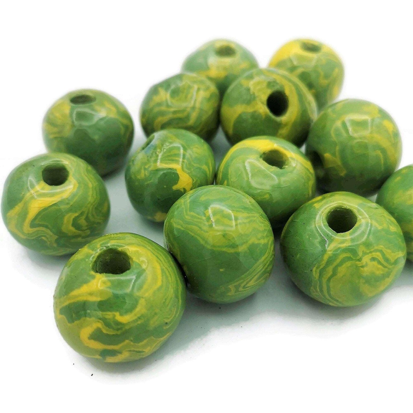 1Pc Handmade Ceramic Macrame Beads 7mm Large Hole, Marbled Green And Yellow Clay Beads, Extra Large Beads 30mm