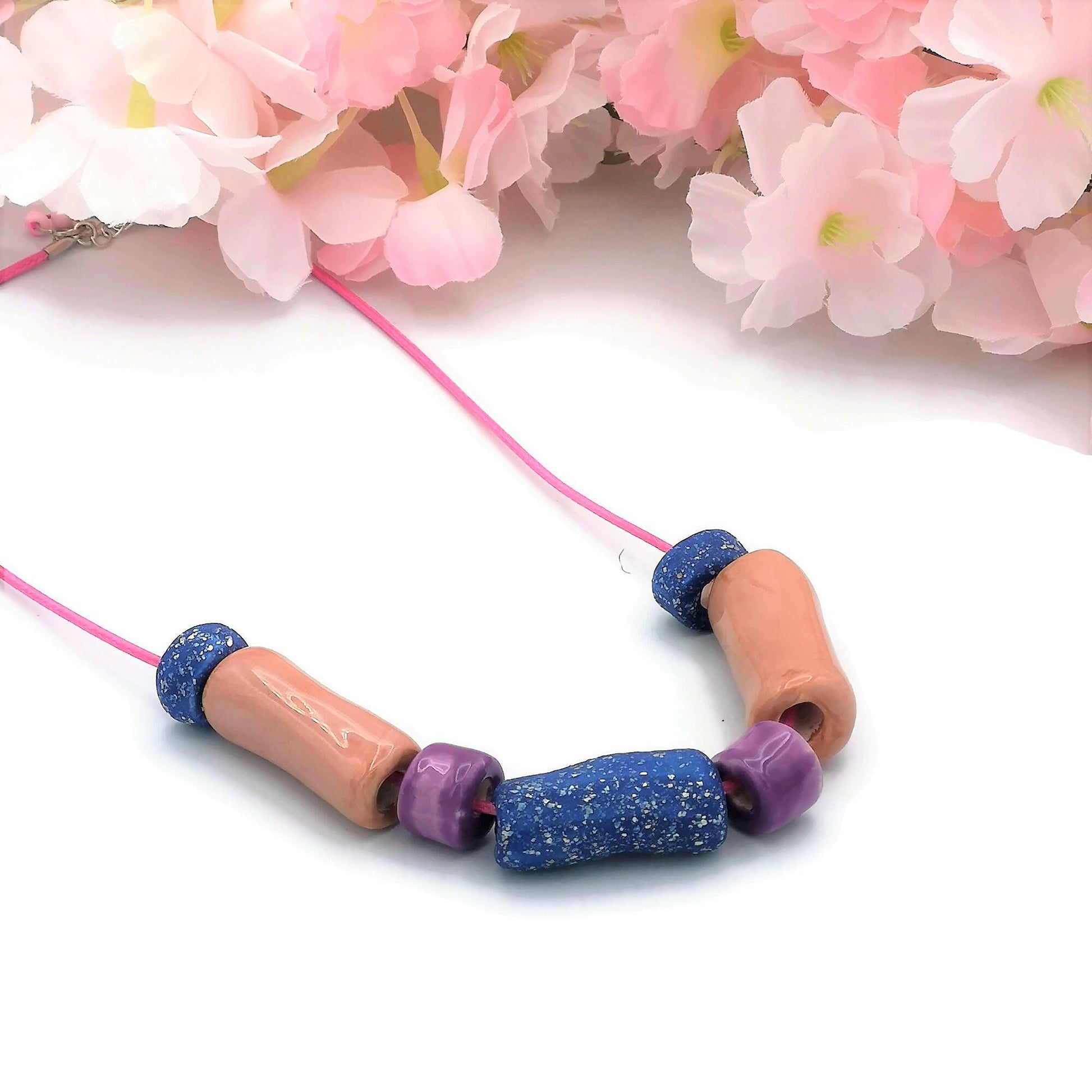 Pink and Blue Everyday Necklace, Boho Statement Necklace, Trendy Beaded Necklace Best Gifts For Her, Colorful Aesthetic Mothers Day Gift - Ceramica Ana Rafael