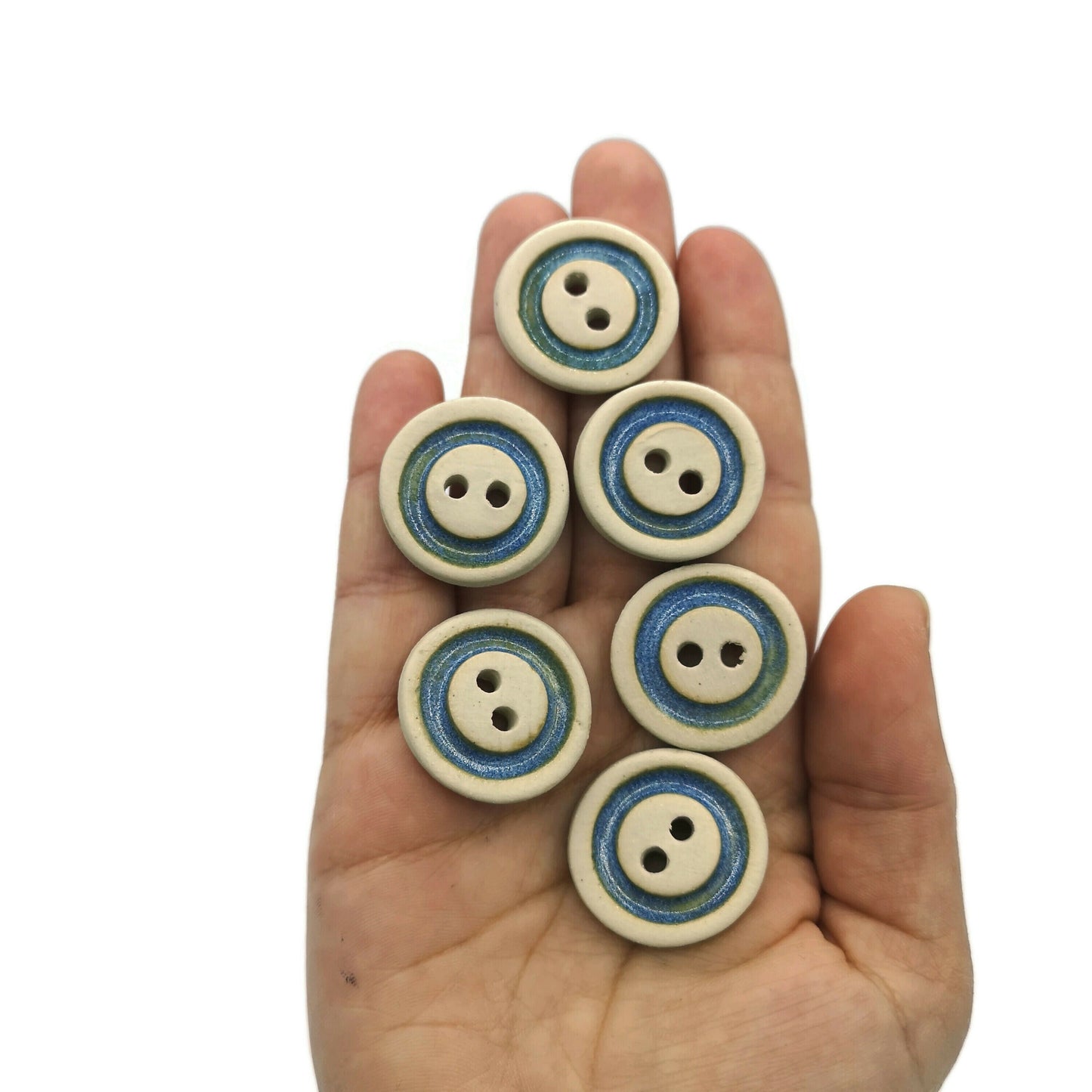 6Pc 25mm/1in Handmade Ceramic Sewing Buttons, Matte Beige With Glossy Blue Accent, Novelty Clay Buttons For Crafts, Unique Pottery Buttons - Ceramica Ana Rafael
