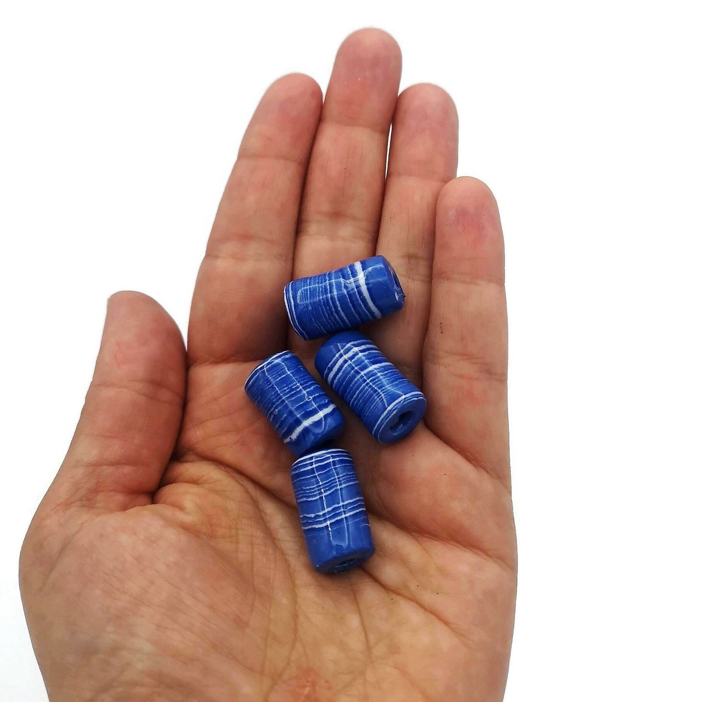 4 Pc Large Ceramic Tube Beads for Macrame Jewelry Making, Artisan Blue Beads 4mm Hole, Beard Beads for Hair Braid - Ceramica Ana Rafael