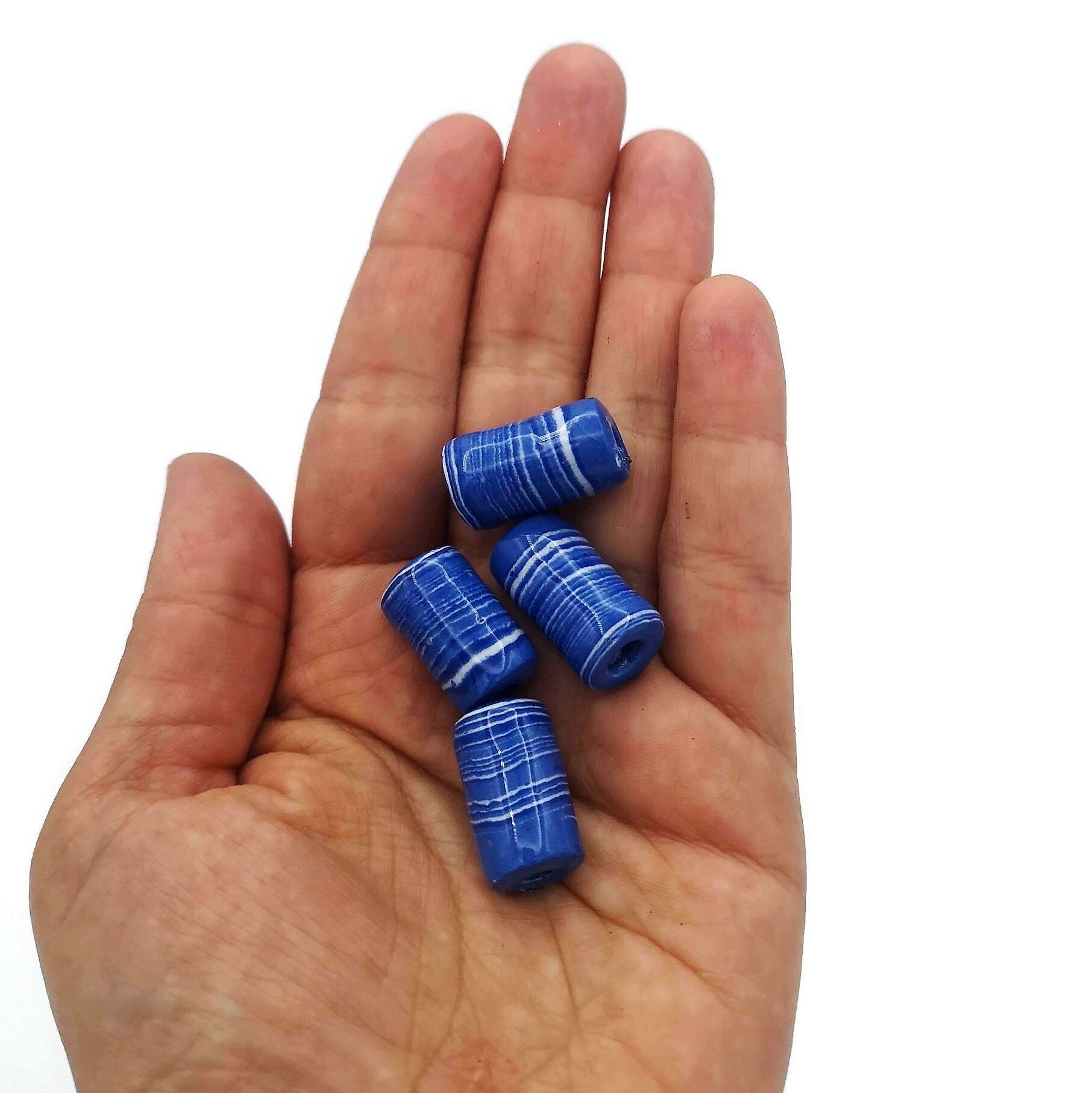 4 Pc Large Ceramic Tube Beads for Macrame Jewelry Making, Artisan Blue Beads 4mm Hole, Beard Beads for Hair Braid - Ceramica Ana Rafael