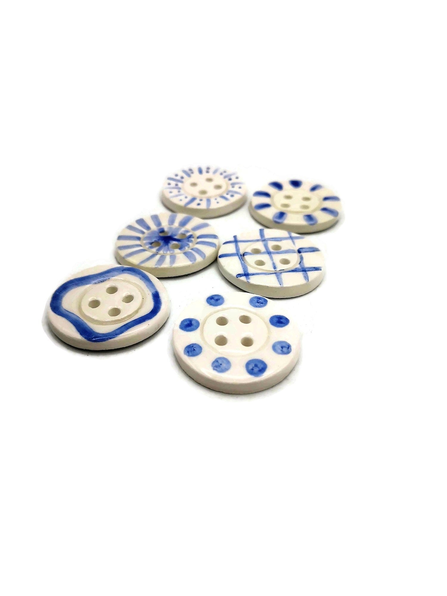 6Pc Large Handmade Ceramic Buttons For Sewing, Hand Painted Antique Look White And Blue Buttons, Best Sellers Sewing Supplies And Notions - Ceramica Ana Rafael
