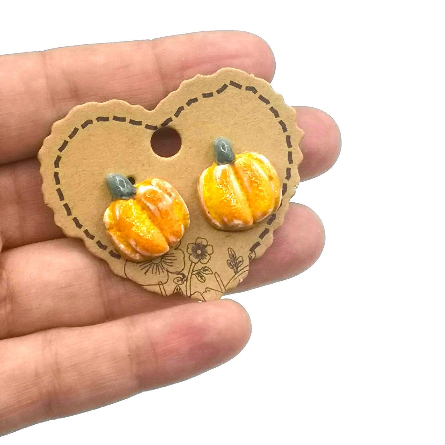 Handmade Ceramic Pumpkin Stud Earrings For Women- Orange Cute Halloween Jewelry Gift For Girls - Ceramica Ana Rafael