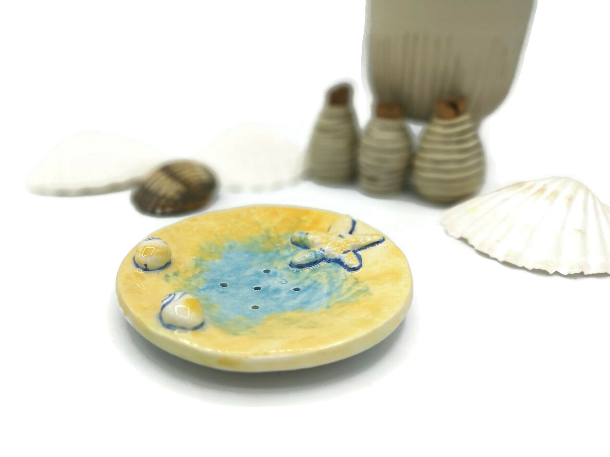 Handmade Ceramic Soap Dish Dispenser For Soap Bar With Drain Holes, Yellow Round Beach Themed Starfish Eco Friendly Bathroom Accessories - Ceramica Ana Rafael