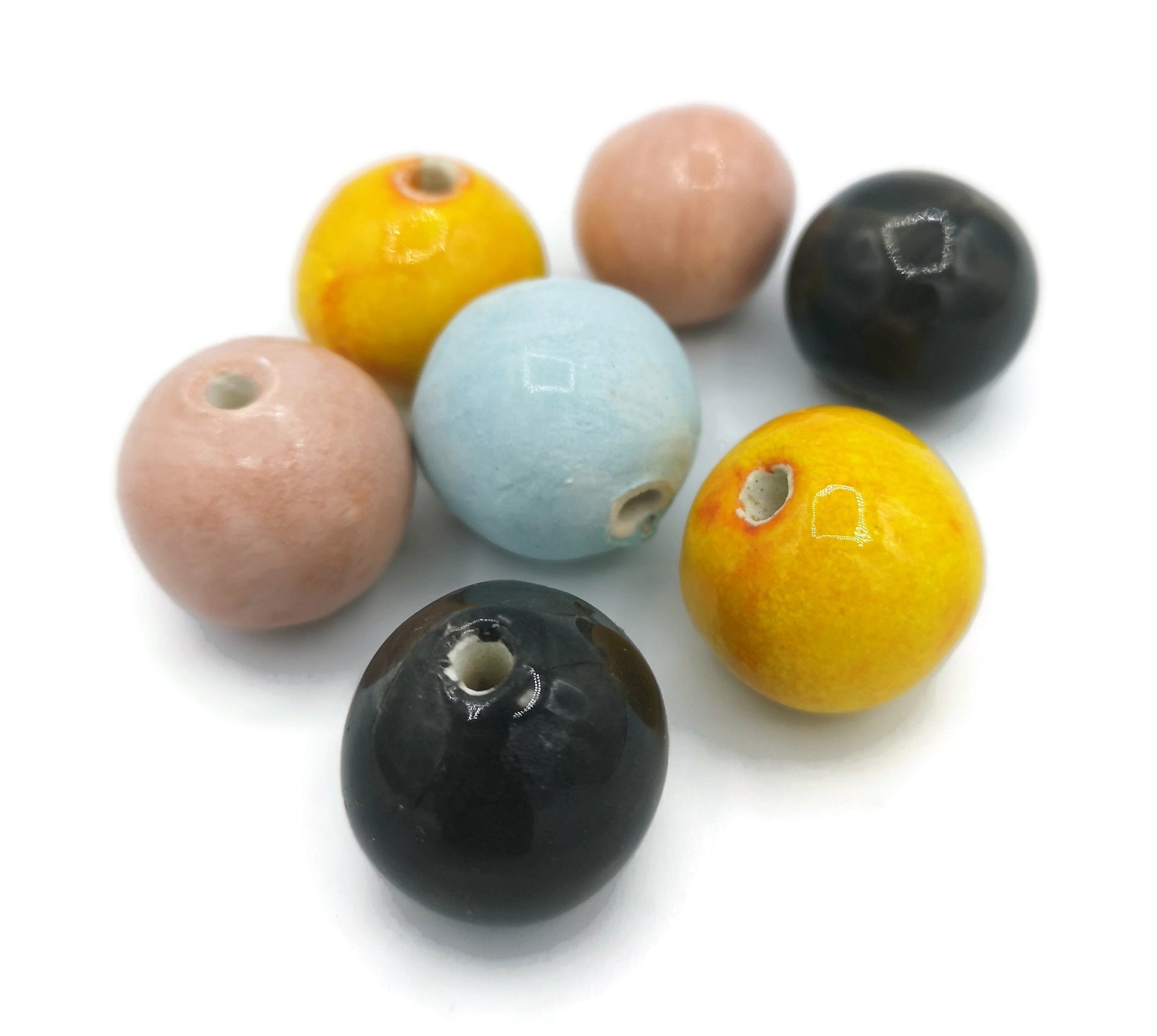 7Pc Round Mixed Handmade Ceramic Beads, Unique Beads, Bubblegum Beads, Decorative Clay Beads for Jewelry Making And Crafts, Colorful Beads - Ceramica Ana Rafael