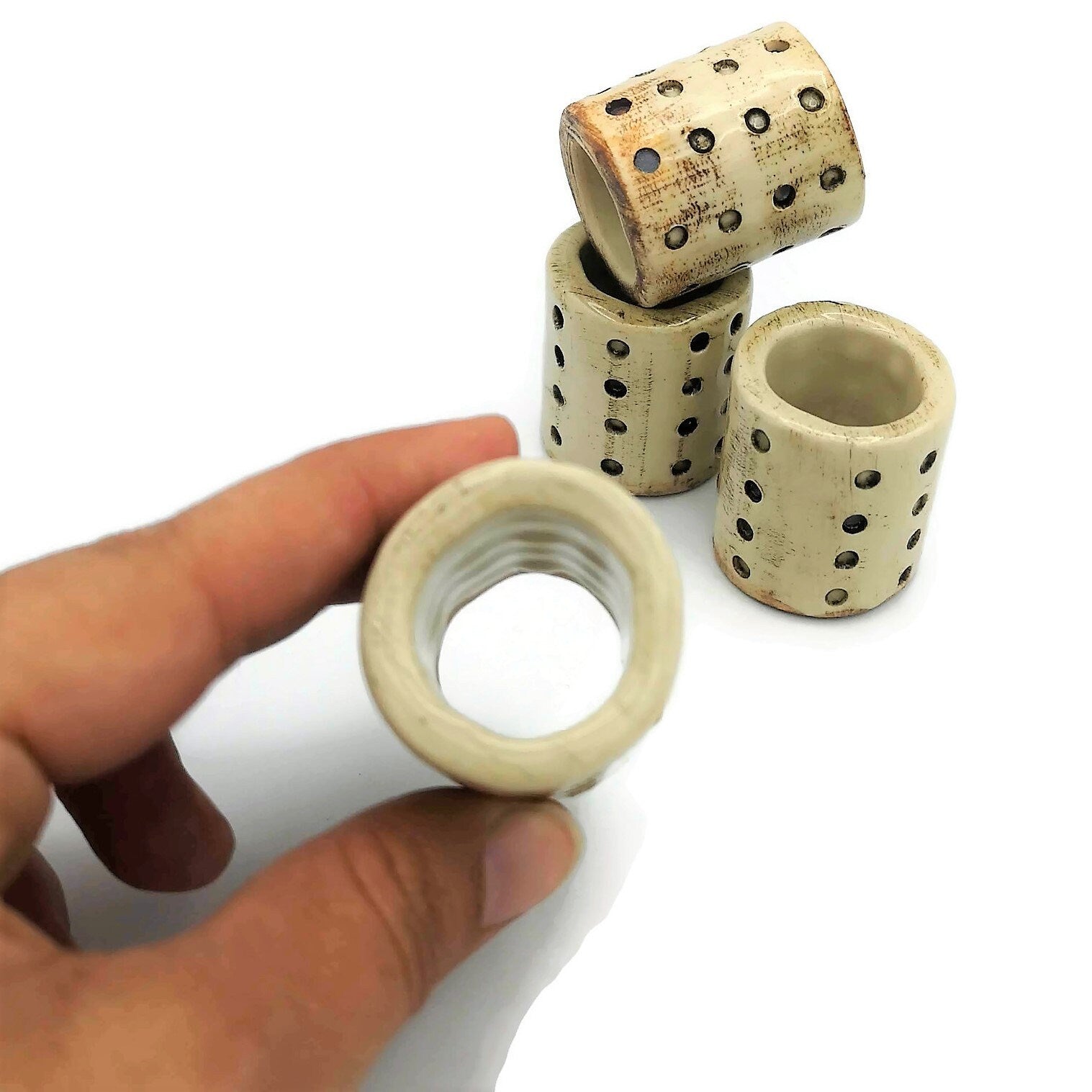 4Pc Large Beads 35 mm (1.4 inches). Rustic Ceramic Big Hole Tube Beads For Macrame, Chunky Beads Textured For Plant Hanger and Home Decor - Ceramica Ana Rafael