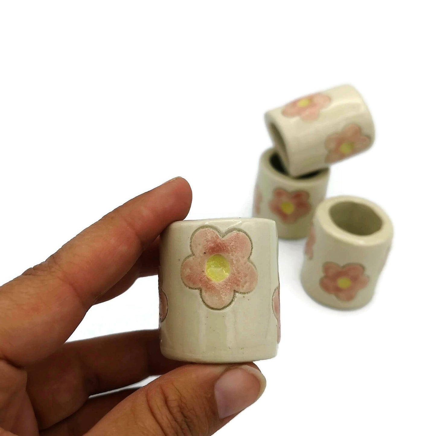 4Pc Hand Painted Flower Extra Large Tube Beads, Unique Clay Beads, 35mm Long Ceramic Beads, Decorative Macrame Beads Large Hole - Ceramica Ana Rafael