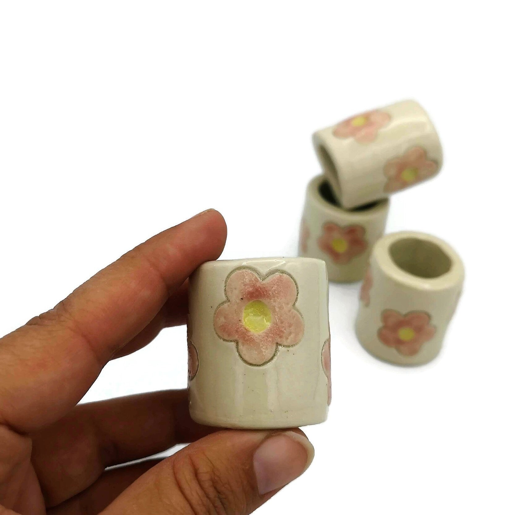 4Pc Hand Painted Flower Extra Large Tube Beads, Unique Clay Beads, 35mm Long Ceramic Beads, Decorative Macrame Beads Large Hole - Ceramica Ana Rafael