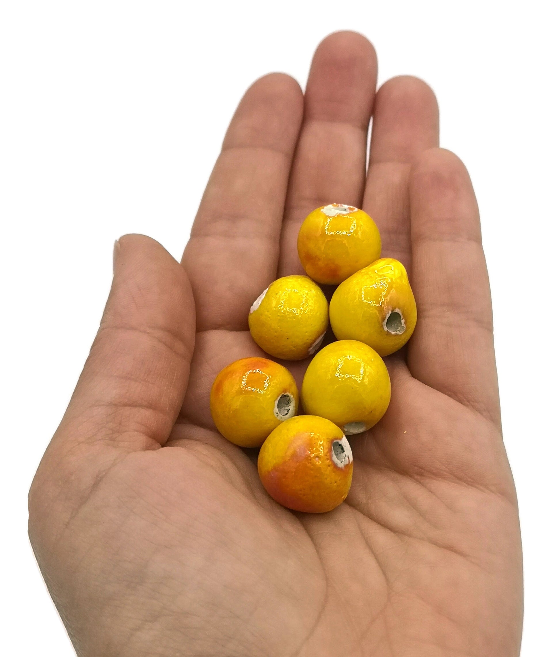 6Pc 15mm Handmade Ceramic Beads For Jewelry Making, Colorful Orange Decorative Craft Beads, Macrame Beads Large Hole 2mm, Round Clay Beads - Ceramica Ana Rafael