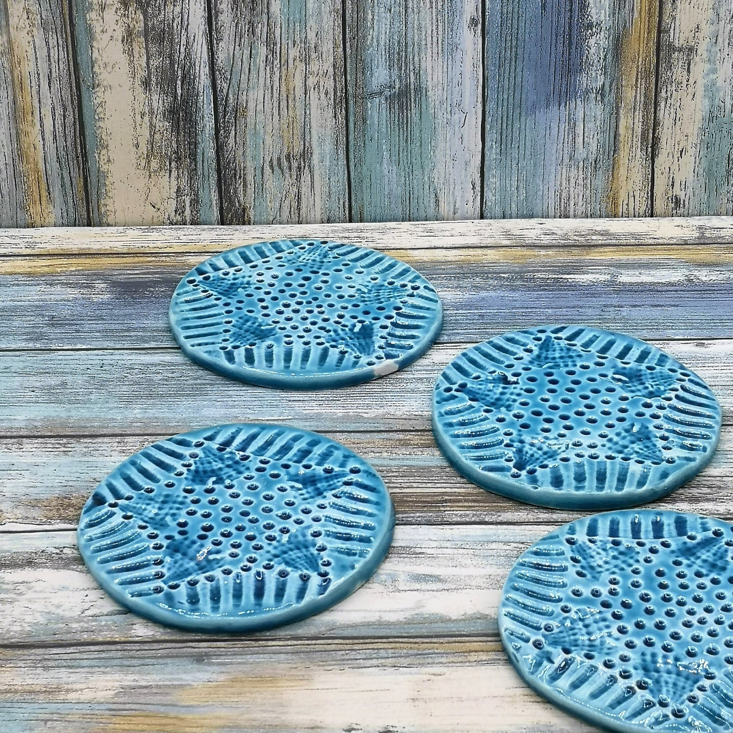 Handmade Modern Ceramic Round Coasters, Blue Textured Aesthetic Office Desk Accessories For Men, Housewarming Gift First Home - Ceramica Ana Rafael