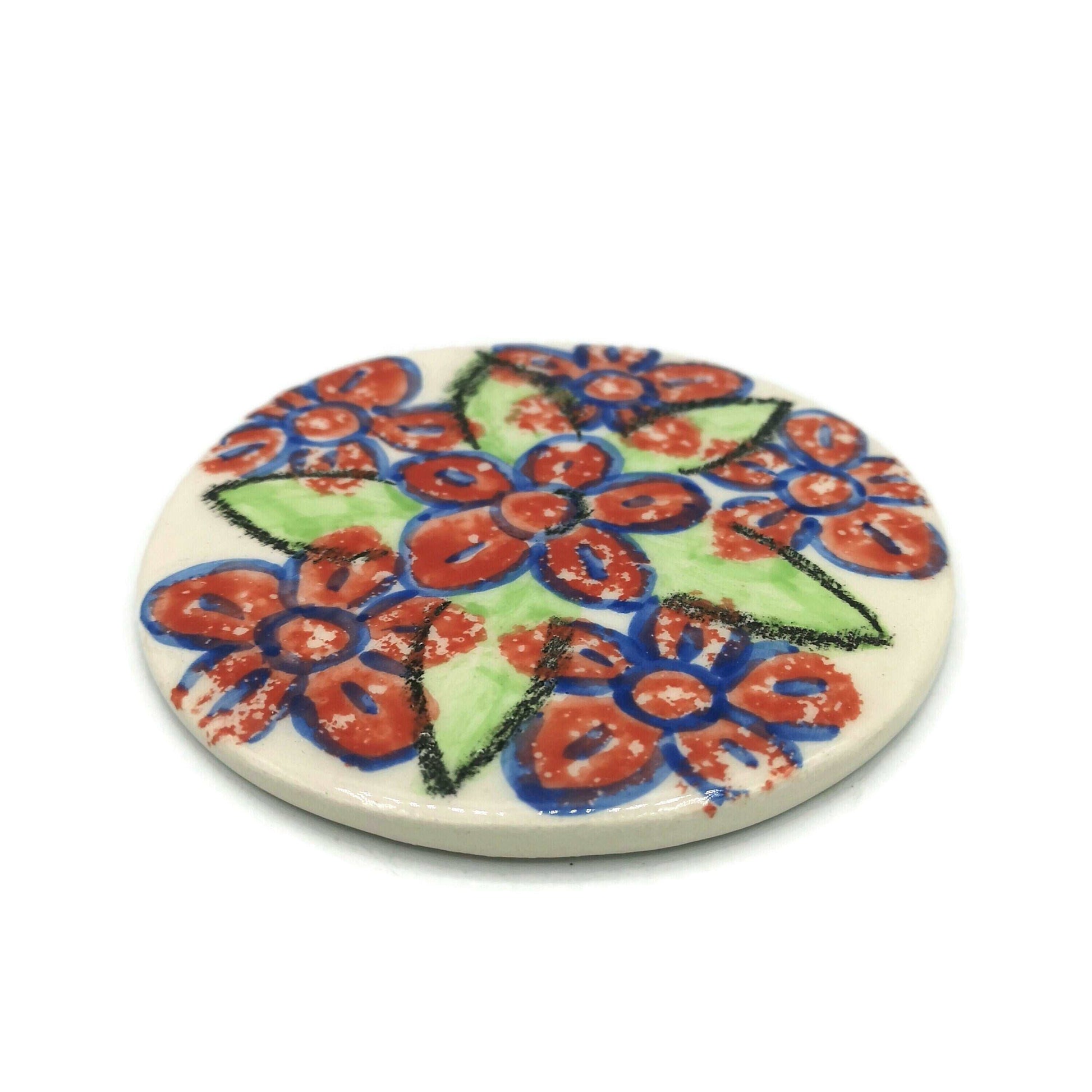 1Pc Handpainted Floral Large Handmade Ceramic Coaster Tile, Office Desk Accessories for Women, Cork Backing Round Artisan Botanical Coaster