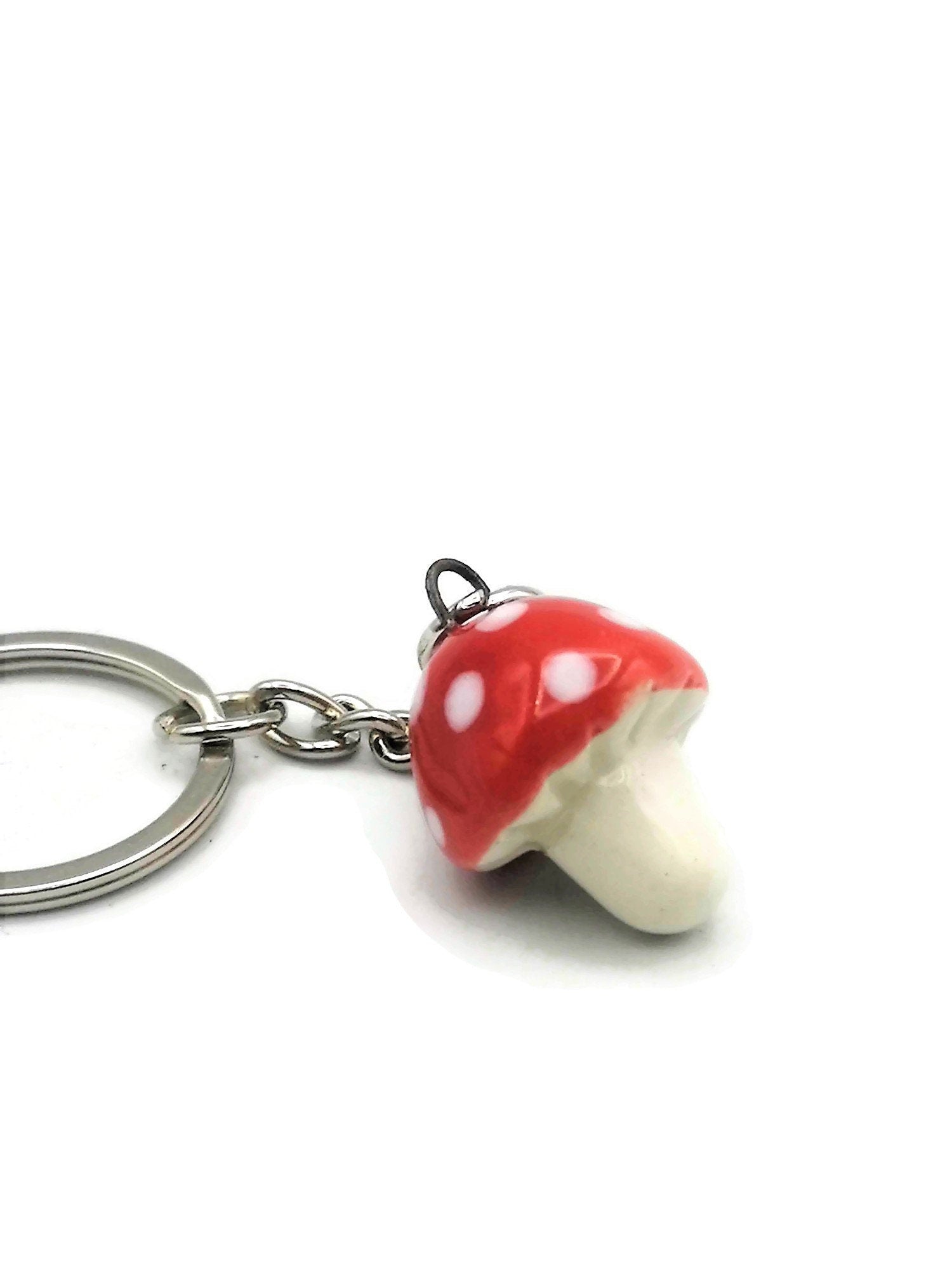 Handmade Ceramic Red Mushroom Keychain For Women, Cut Mushroom Charm Key Chain Gift For Her, Unique Artisan Cottagecore Accessories - Ceramica Ana Rafael