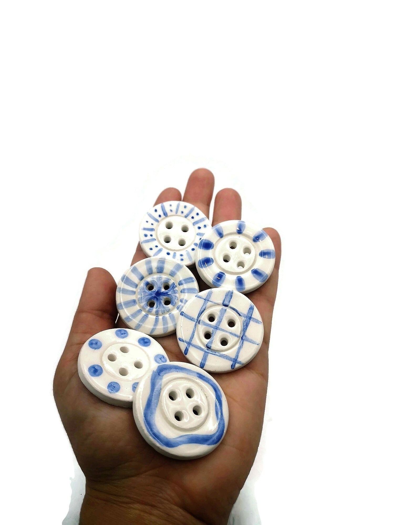 6Pc Large Handmade Ceramic Buttons For Sewing, Hand Painted Antique Look White And Blue Buttons, Best Sellers Sewing Supplies And Notions - Ceramica Ana Rafael