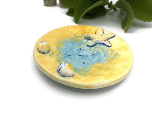 Handmade Ceramic Soap Dish Dispenser For Soap Bar With Drain Holes, Yellow Round Beach Themed Starfish Eco Friendly Bathroom Accessories - Ceramica Ana Rafael