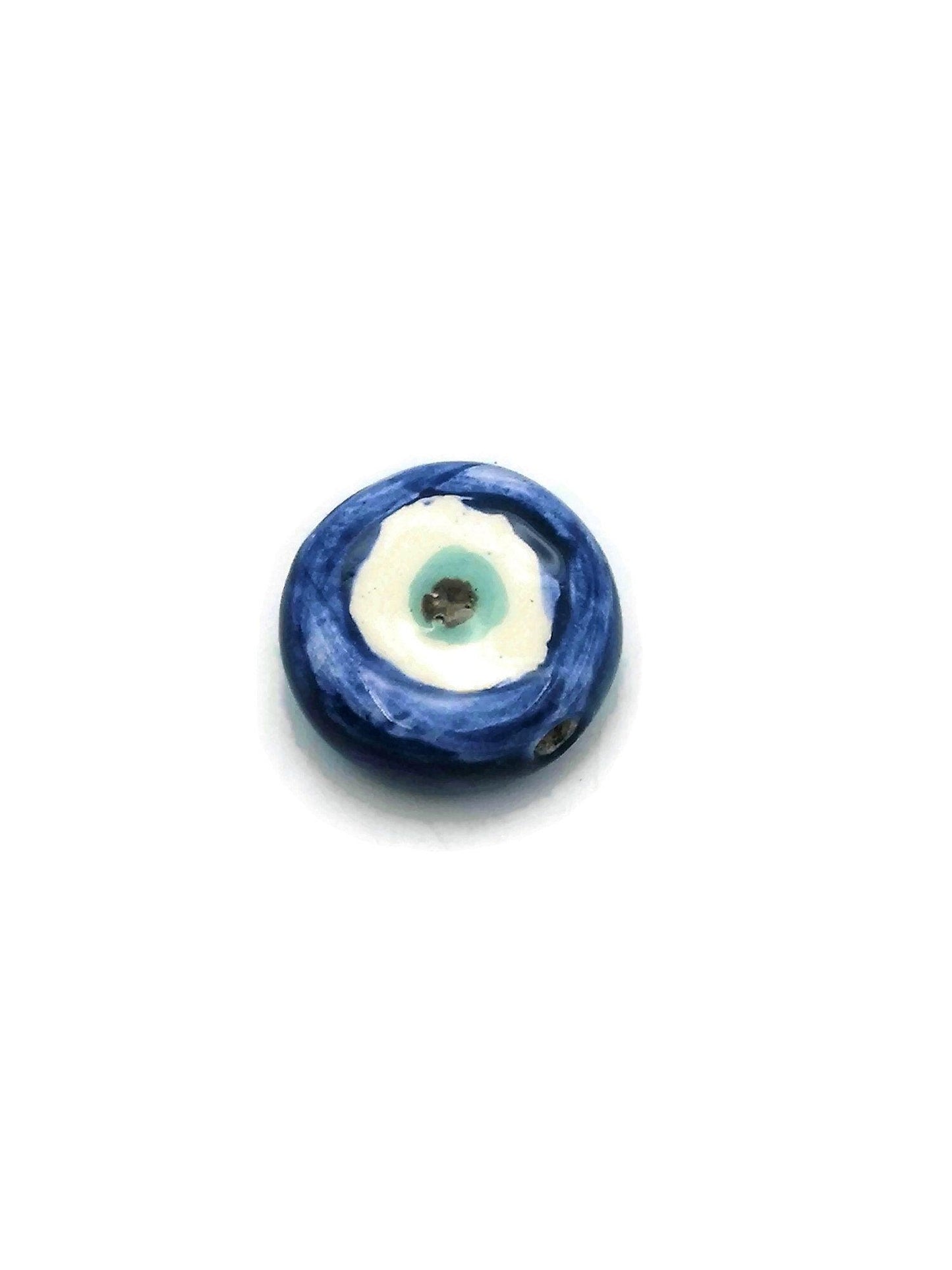 1Pc Blue Evil Eye Beads For Jewelry Making, Handmade Ceramic Macrame Beads, Extra Large Clay Beads, Round Unusual Decorative Porcelain Beads - Ceramica Ana Rafael