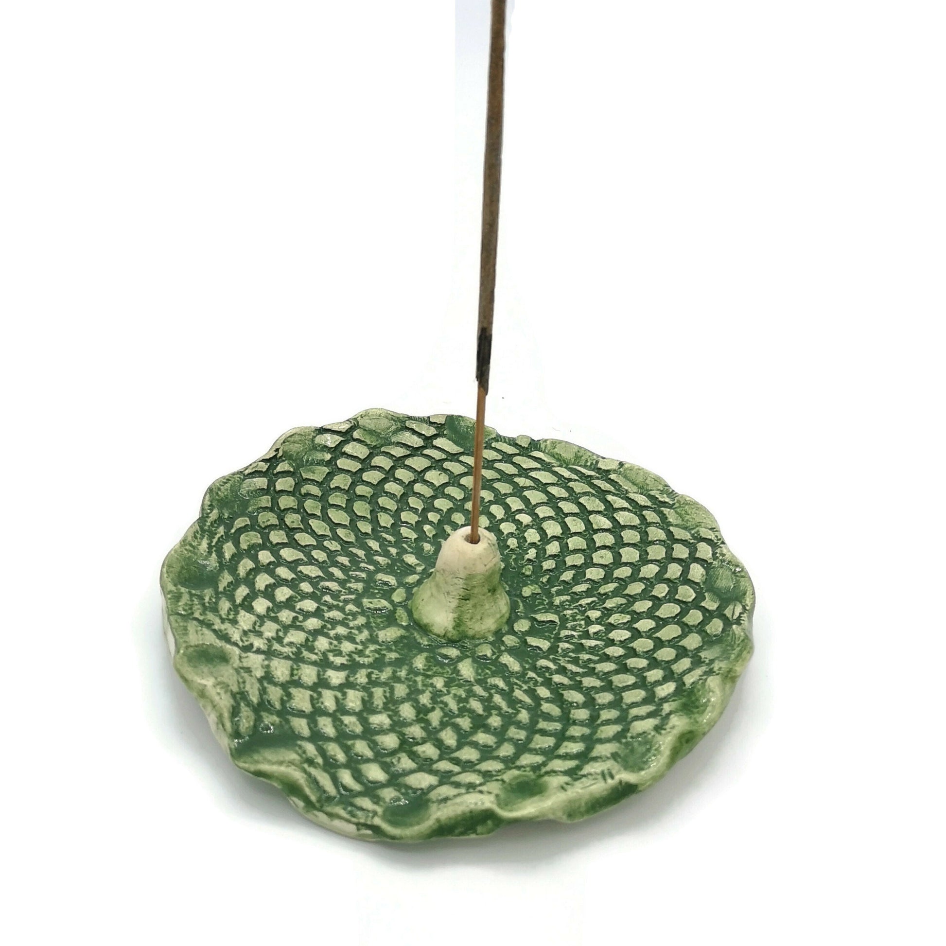 Handmade Ceramic Green Incense Stick Holder With Vintage Lace Texture, Best Gifts For Her, Clay Incense Burner, Housewarming Gift First Home - Ceramica Ana Rafael