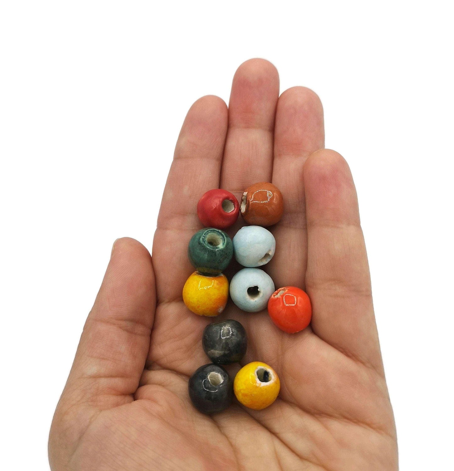 10Pc Round Assorted Beads Set, Handmade Ceramic Beads For Jewelry Making, Unique Artisan Clay Beads For Macrame Smooth And Durable Supplies