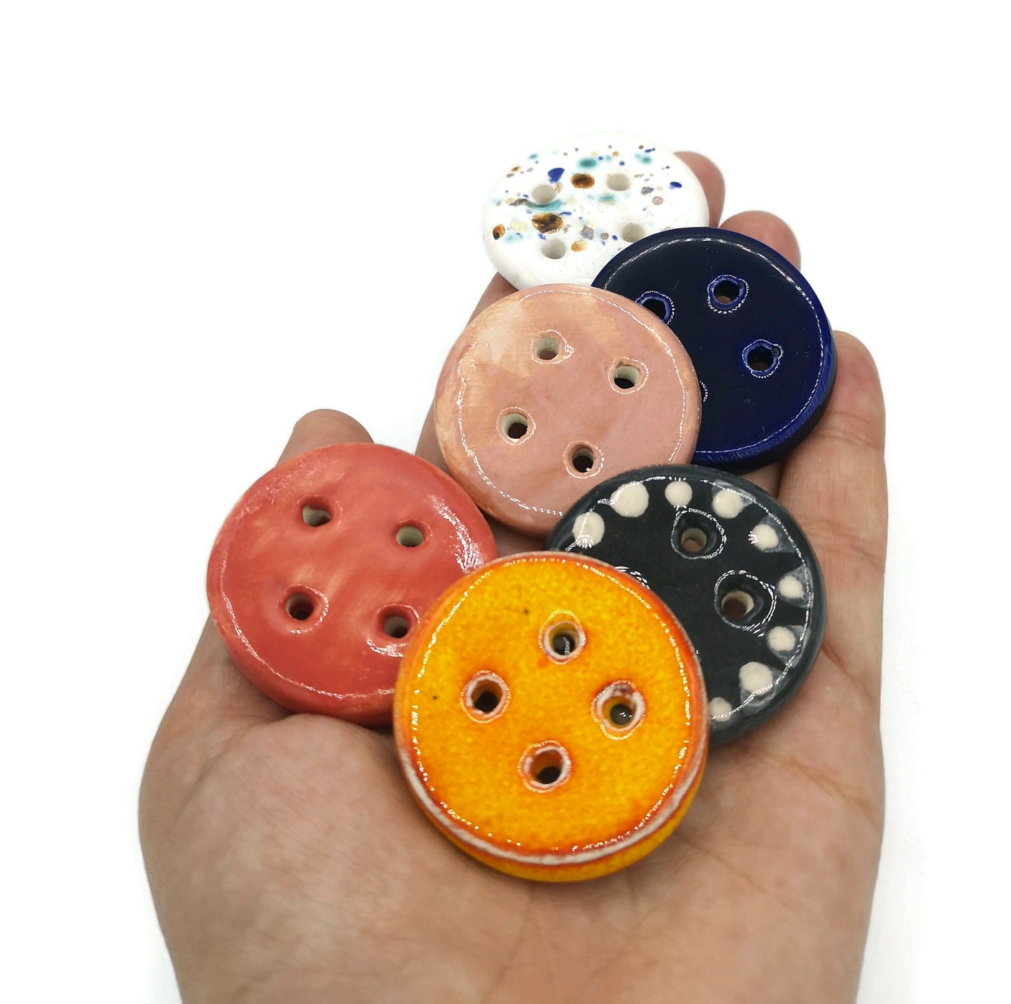 6Pc 40mm Glazed Extra Large Clay Sewing Buttons, Assorted Handmade Ceramic Buttons, Unique Strange And Unusual 4-hole Flat Back Buttons - Ceramica Ana Rafael