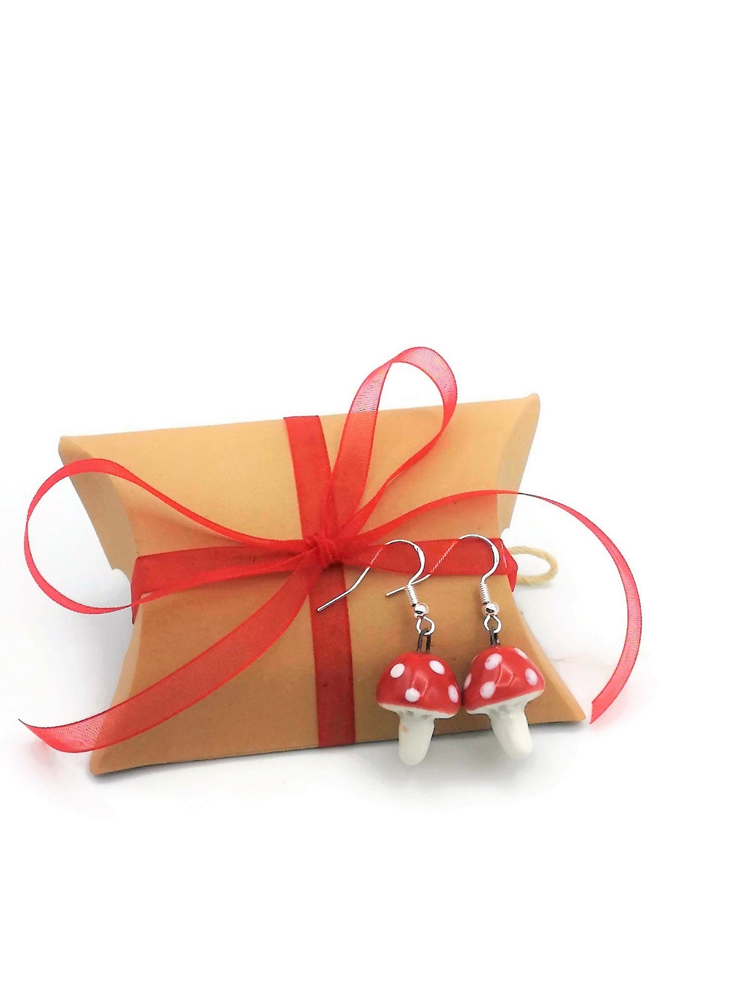 Handmade Ceramic Red Mushroom Earrings For Women, Cottagecore Artisan Jewelry Gift For Her, Best Boho Sterling Silver Cute Dangle Earrings - Ceramica Ana Rafael