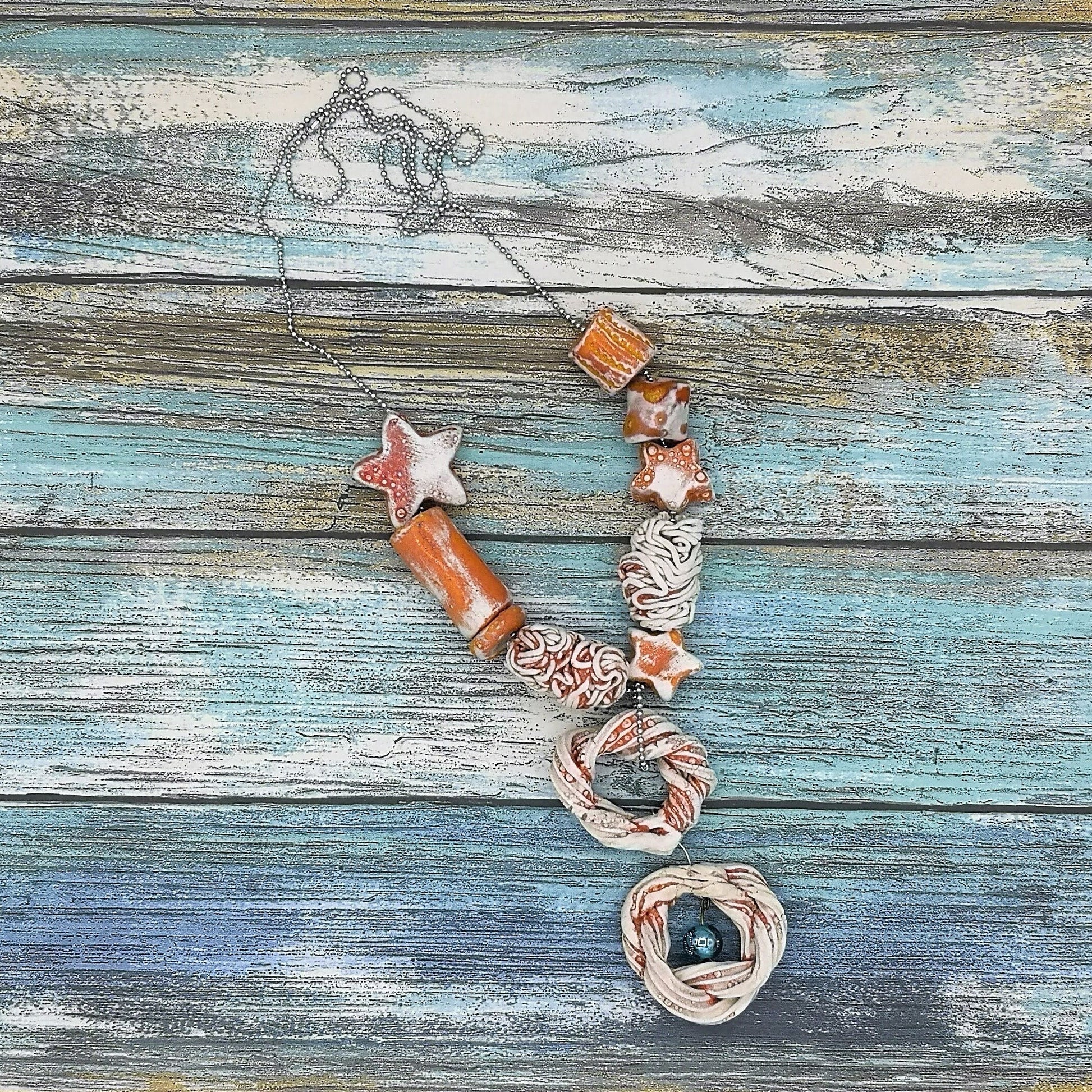 Handmade Ceramic Pendant Necklace, Chunky Beaded Necklace, Boho And Hippie Style Star Novelty Aesthetic Necklace For Womens, Weird Jewelry - Ceramica Ana Rafael