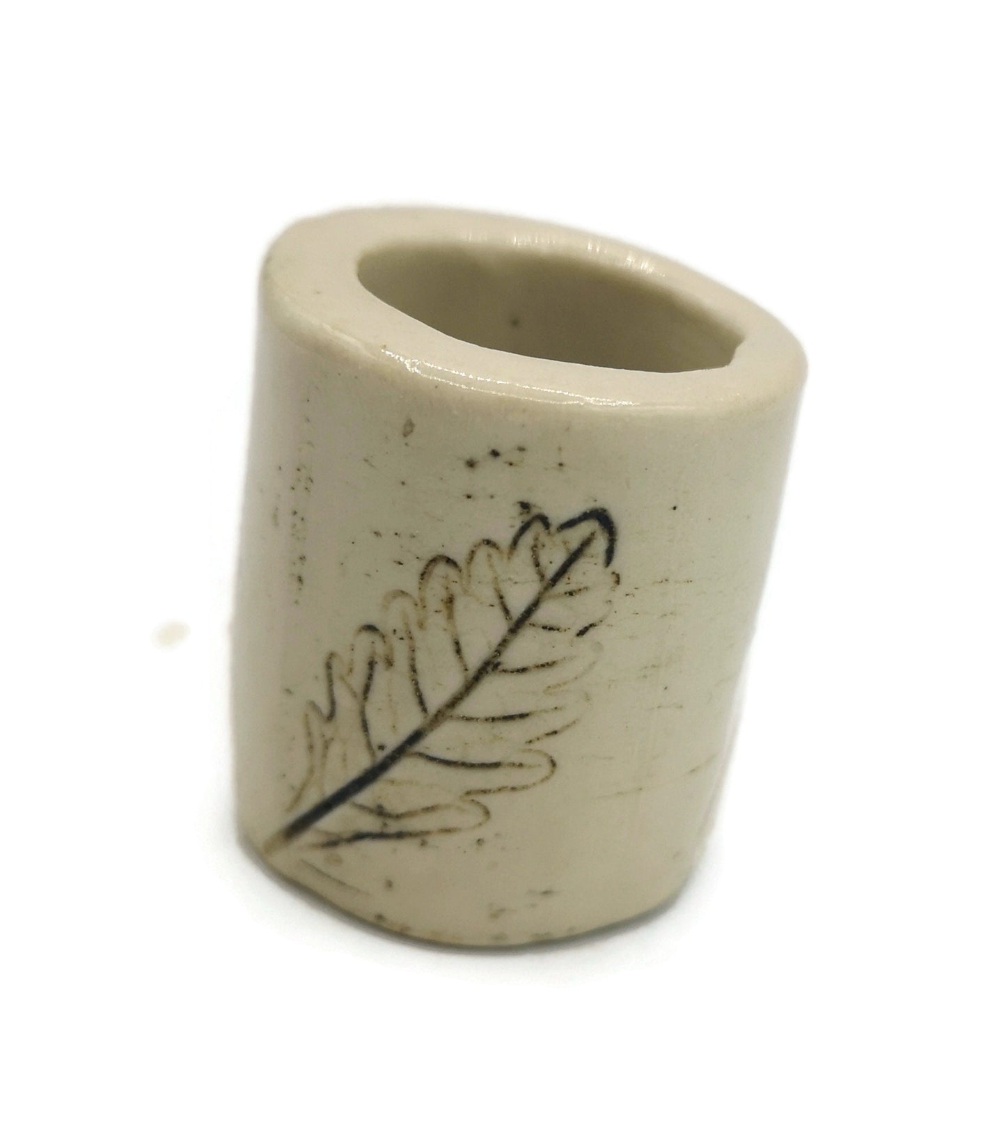 Large Hole Ceramic Tube Beads for Macrame Plant Hanger Project With Engraved Leaf, Handmade Stoneware Beads Oversized, Rustic Clay Cylinder - Ceramica Ana Rafael