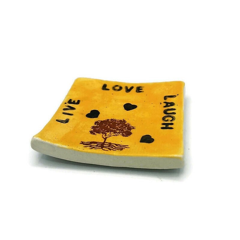 Ring Holder, Aesthetic Ring Tray, Live Laugh Love Ceramic Ring Dish, Small Square Shape Tree Of Life Trinket Dishes For Galentines Day Gifts - Ceramica Ana Rafael