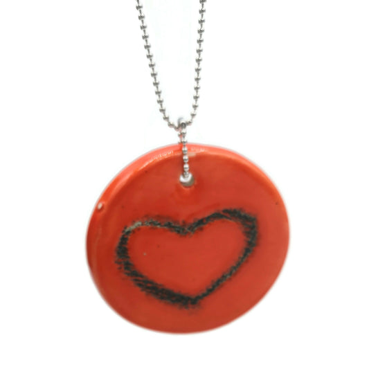 Handmade Ceramic Red Heart Necklace Pendant For Her, Cute Round Pendant, Boho Aesthetic Everyday Necklace, Mothers Day Gift Idea - Ceramica Ana Rafael