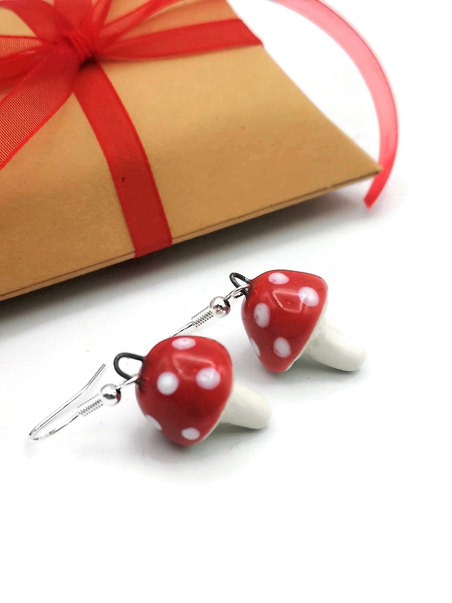 Handmade Ceramic Red Mushroom Earrings For Women, Cottagecore Artisan Jewelry Gift For Her, Best Boho Sterling Silver Cute Dangle Earrings - Ceramica Ana Rafael