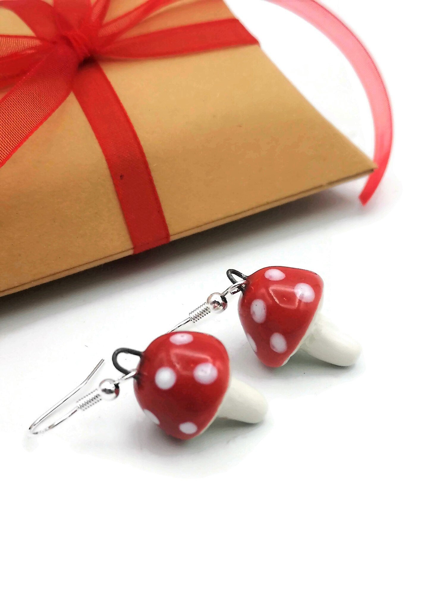 Handmade Ceramic Red Mushroom Earrings For Women, Cottagecore Artisan Jewelry Gift For Her, Best Boho Sterling Silver Cute Dangle Earrings - Ceramica Ana Rafael