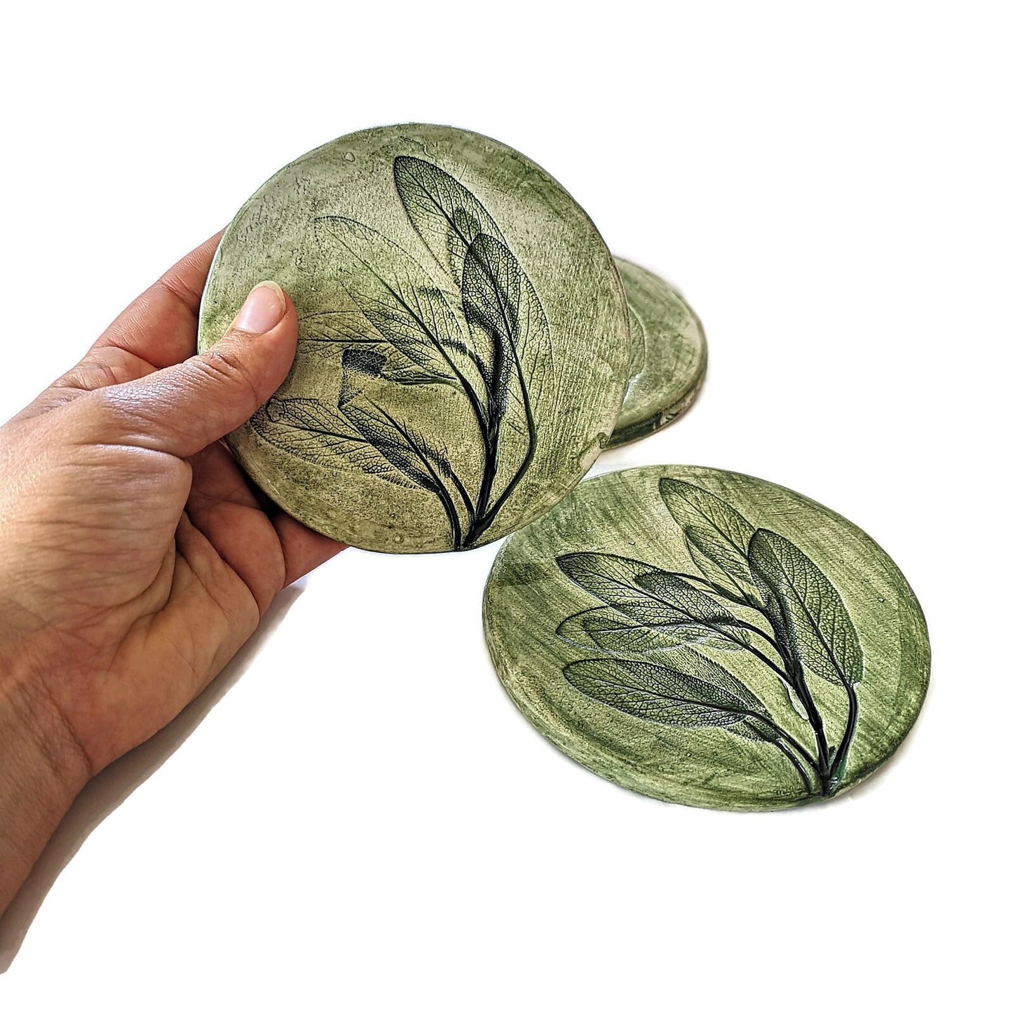 3Pcs Round Botanical Handmade Ceramic Coasters Set, Green Modern Coffee Coaster For Office Desk Accessories, Housewarming Gift For Men - Ceramica Ana Rafael