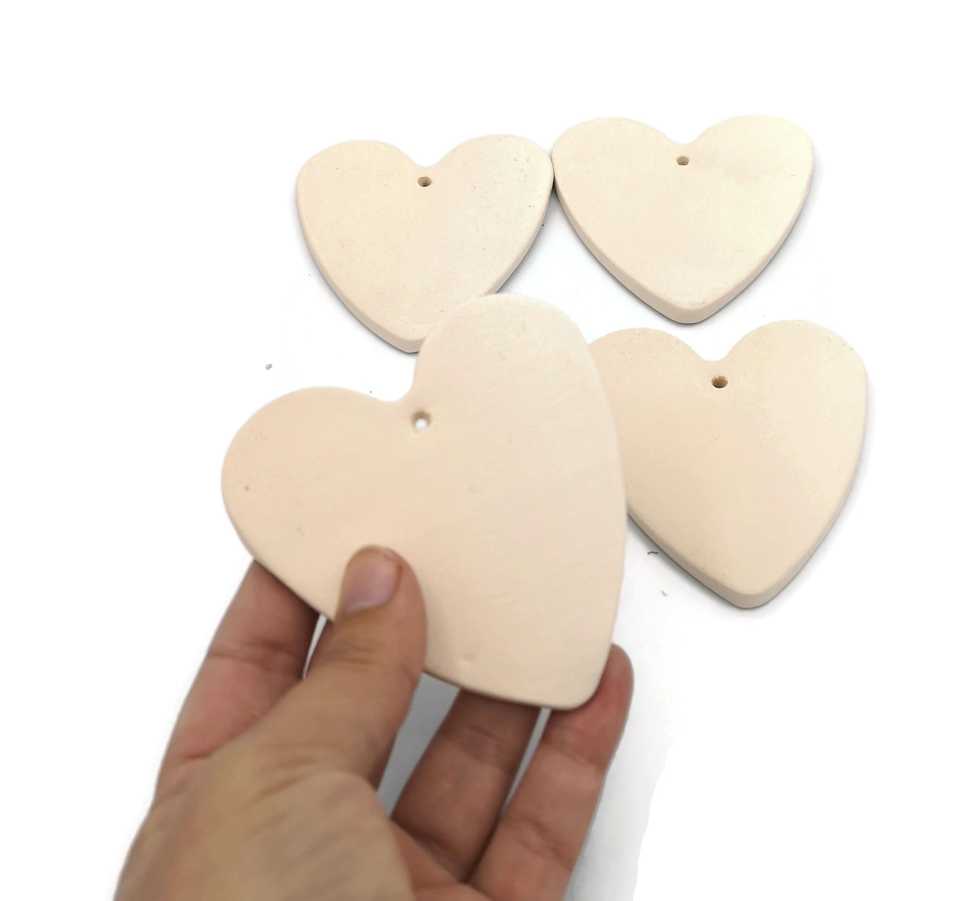 Blank Heart Charm, 4 Pc Handmade Ceramic Bisque Heart Shapes To Hang, Unpainted Diy Craft Kit For Valentines Day Ready To Paint - Ceramica Ana Rafael
