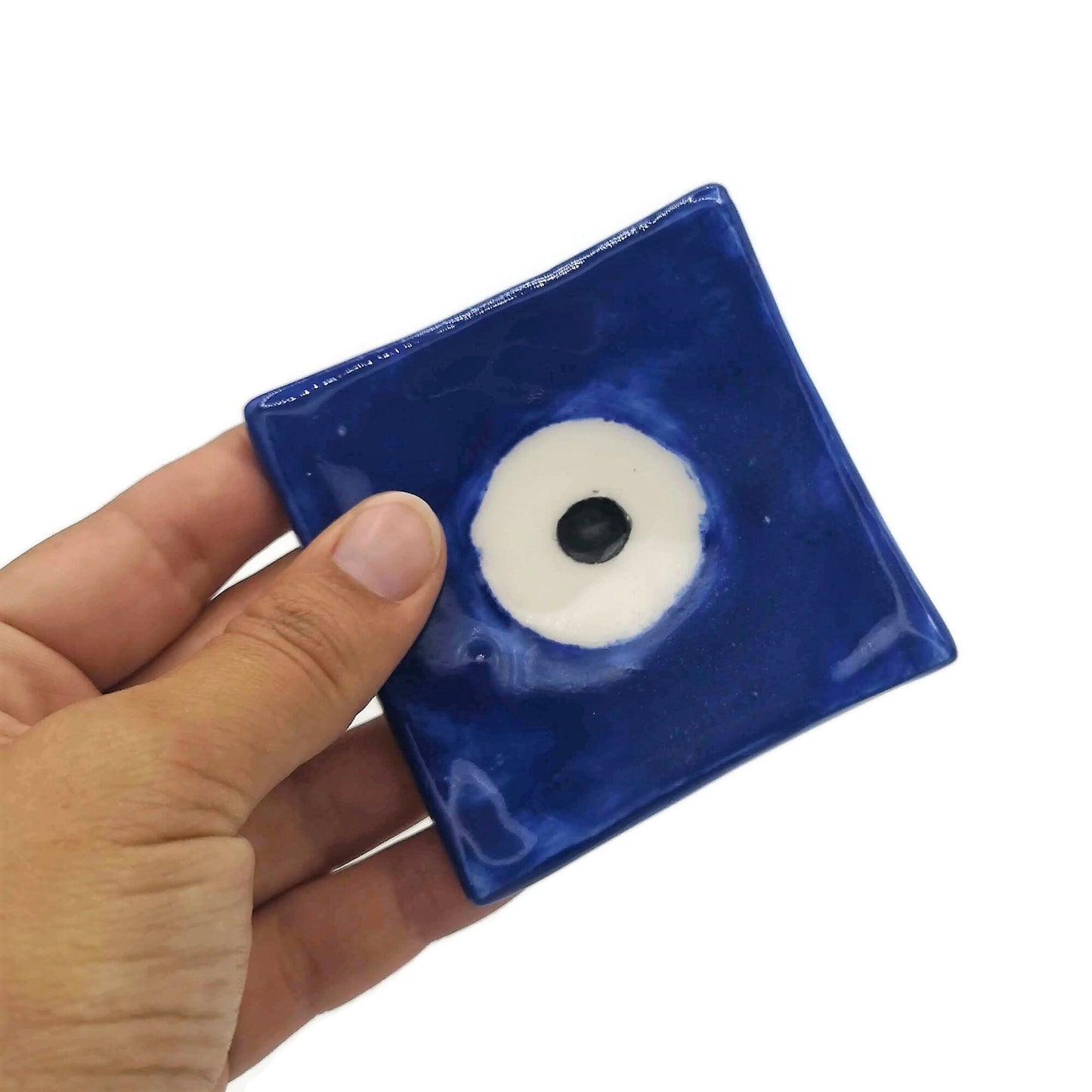 Handmade Ceramic Ring Holder,Blue Evil Eye Plate, Small Trinket Dish For Bridal Shower Favors, Eye Candle Holder - Ceramica Ana Rafael