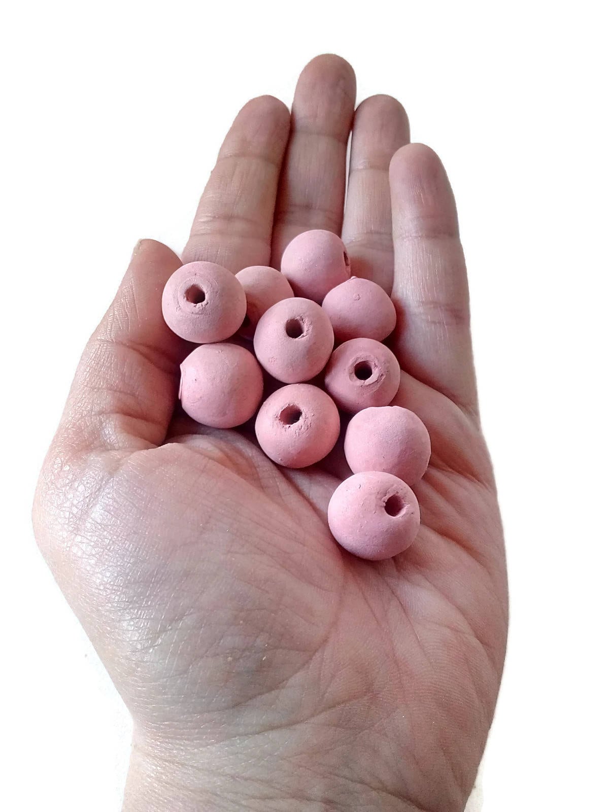 10Pc 15mm Pale Pink Clay Beads For Jewelry Making, Handmade Ceramic Macrame Beads Large Hole 2mm, Round Unique Porcelain Beads - Ceramica Ana Rafael