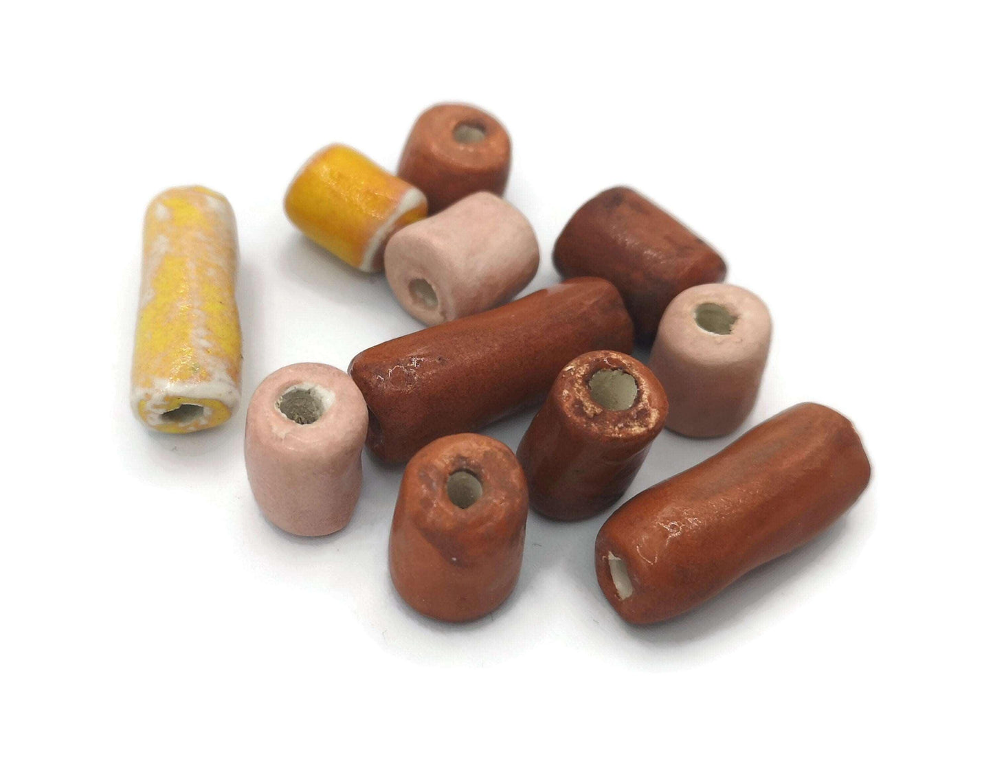 11Pc 12 to 25mm Long Handmade Ceramic Skinny Tube Beads, Mixed Jewelry Making Unique Clay Beads For Crafts, Artisan Macrame Beads Large Hole