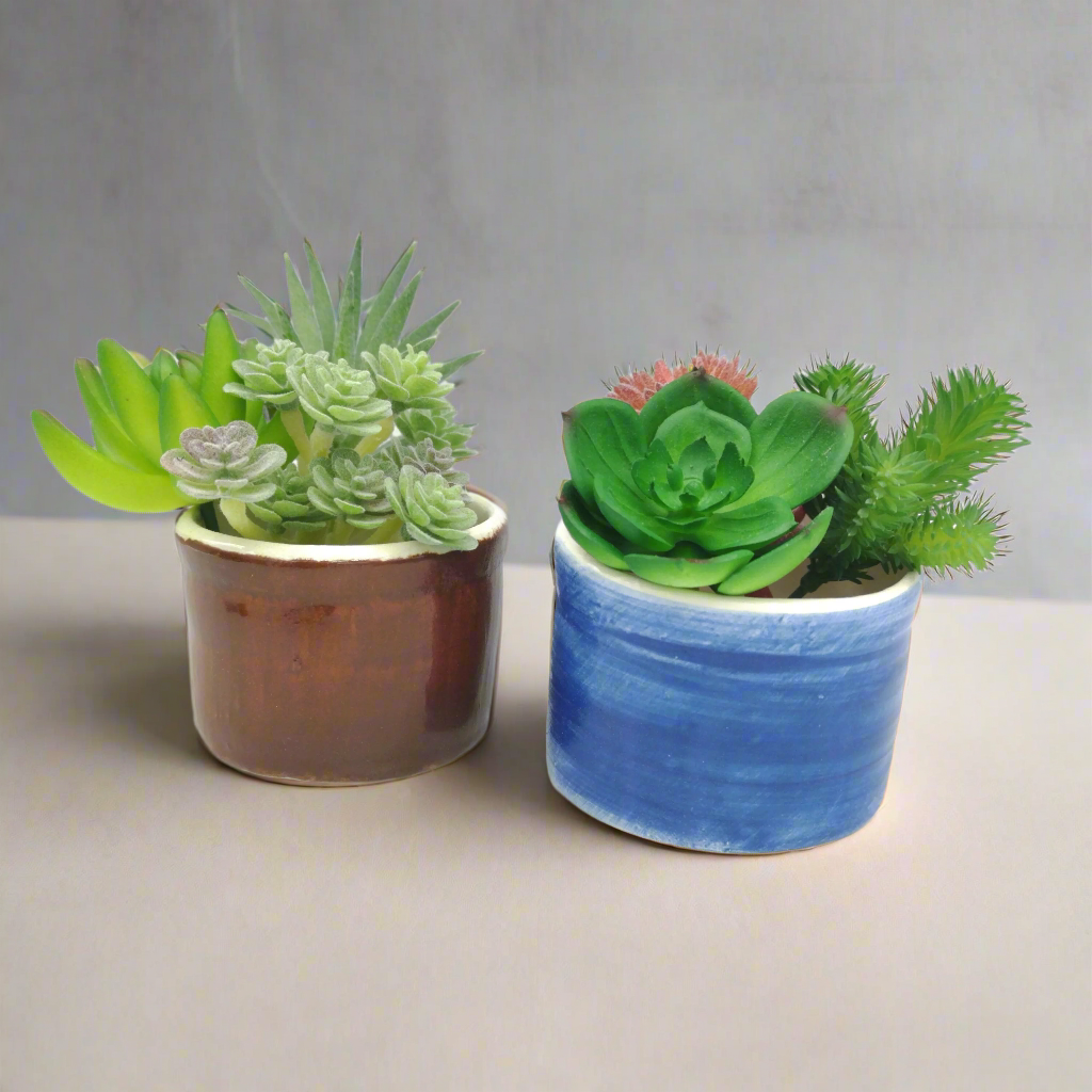 Set of 2 Handmade Ceramic Planters – Blue and Red Succulent Pots