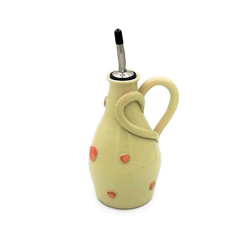 Handmade Ceramic Beige With Pink Hearts Olive Oil Dispenser, Stoneware Pottery Olive Oil Cruet, Decorative Bottles, Mothers Day Cooking Gift - Ceramica Ana Rafael