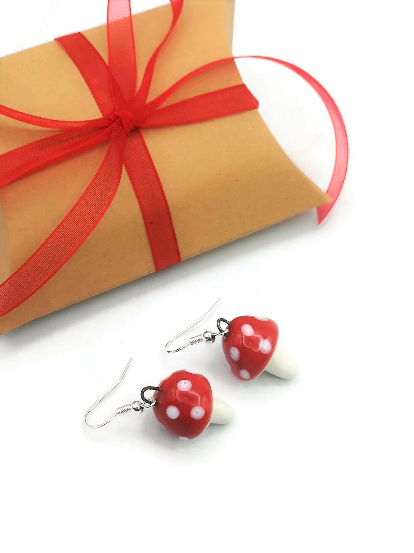 Handmade Ceramic Red Mushroom Earrings For Women, Cottagecore Artisan Jewelry Gift For Her, Best Boho Sterling Silver Cute Dangle Earrings - Ceramica Ana Rafael