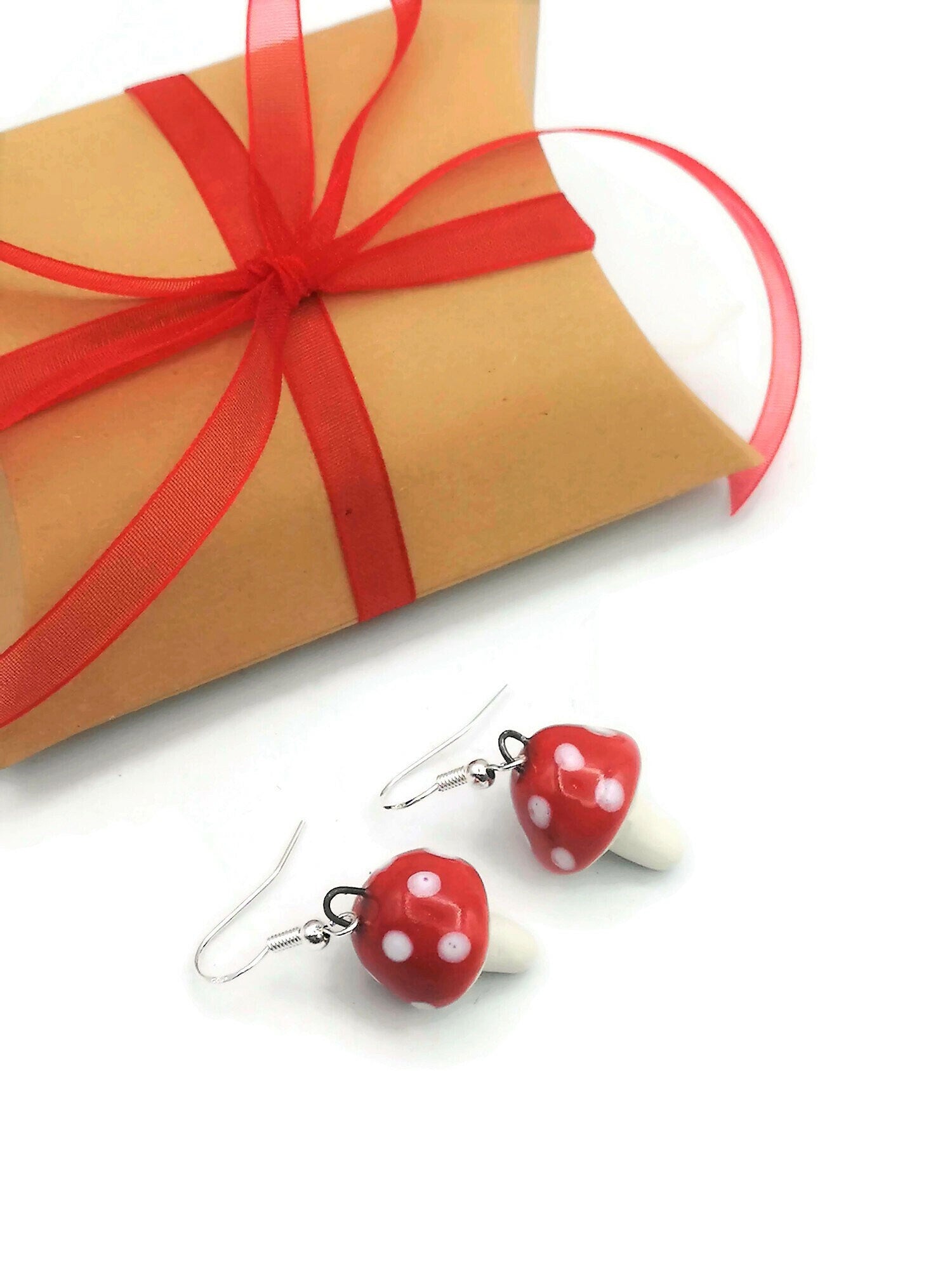 Handmade Ceramic Red Mushroom Earrings For Women, Cottagecore Artisan Jewelry Gift For Her, Best Boho Sterling Silver Cute Dangle Earrings - Ceramica Ana Rafael