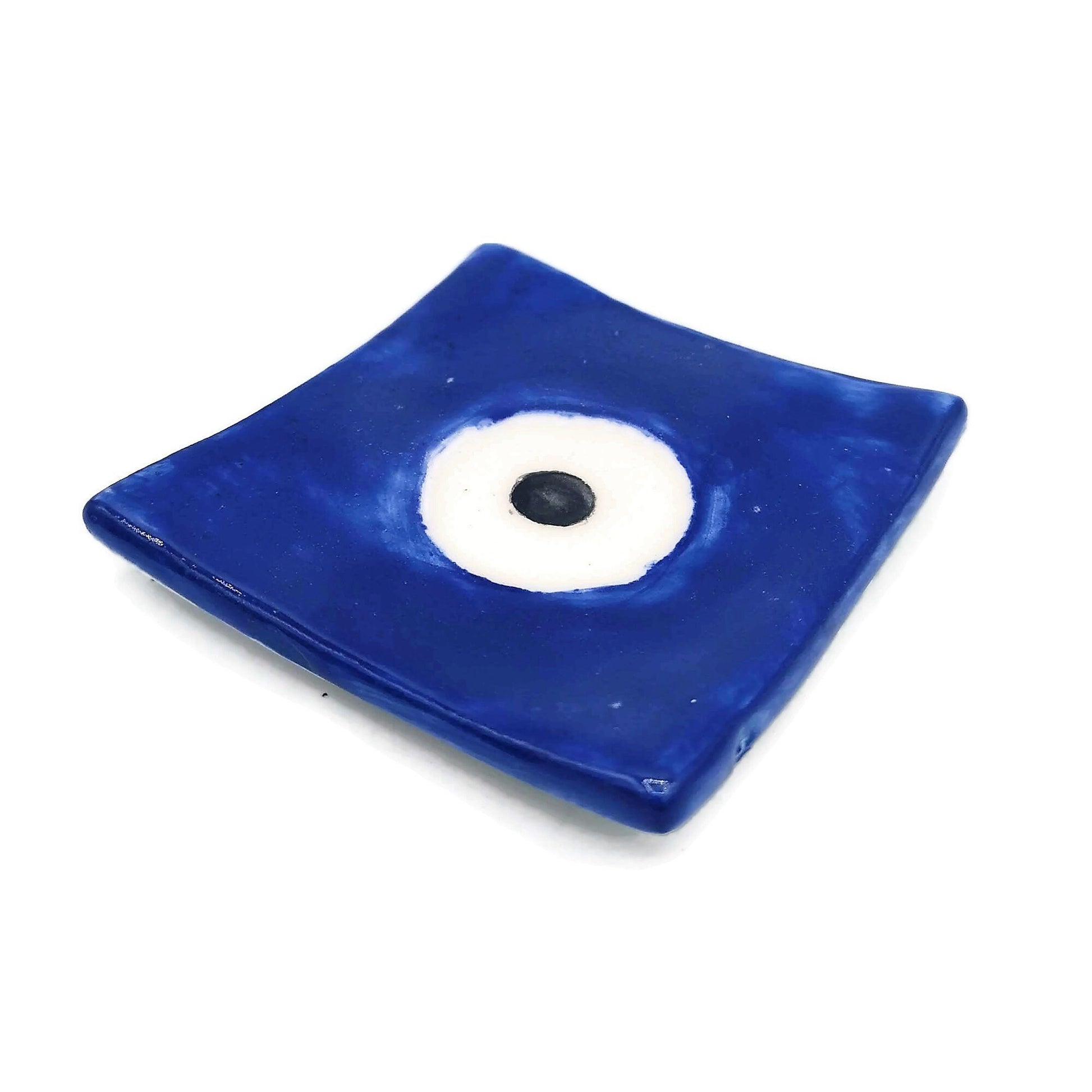 Handmade Ceramic Ring Holder,Blue Evil Eye Plate, Small Trinket Dish For Bridal Shower Favors, Eye Candle Holder - Ceramica Ana Rafael