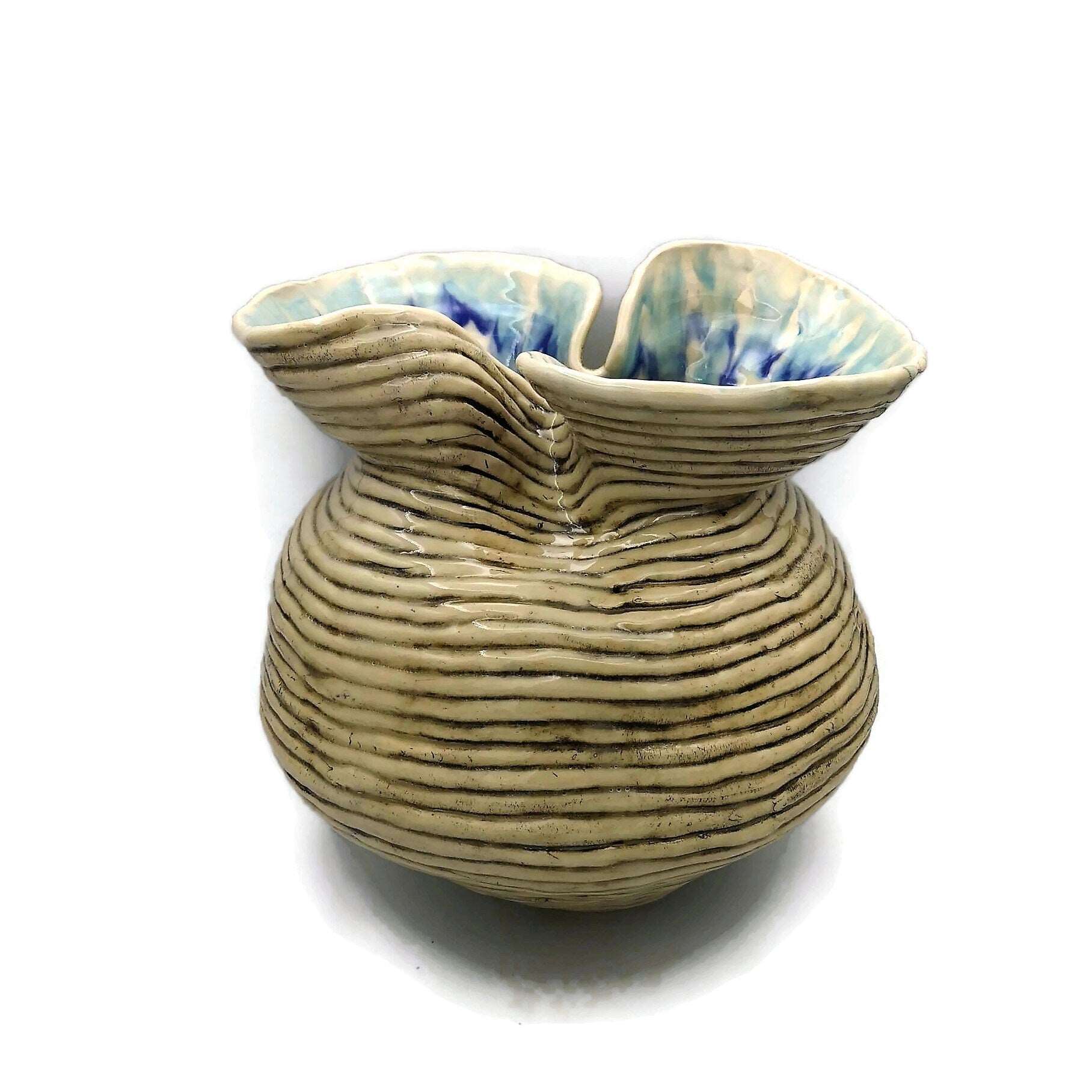 11 Inches Handmade Tall Ceramic Sculpture, Contemporary Sculptural Vase Textured For Table, Mid Century Modern Clay Pottery Large Bud Vase