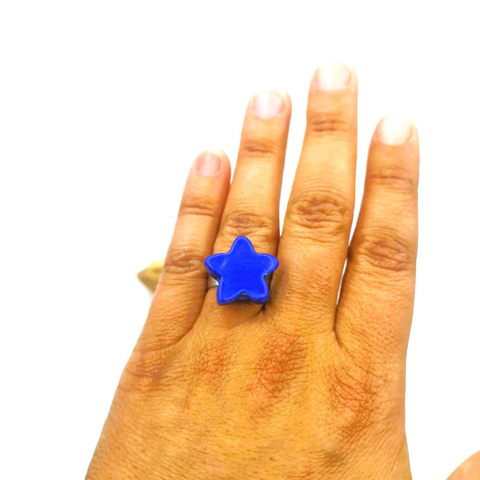 Handmade Ceramic Blue Star Statement Ring For Women, Stainless Steel Adjustable Ring, Porcelain Best 9th Anniversary Gifts For Her - Ceramica Ana Rafael