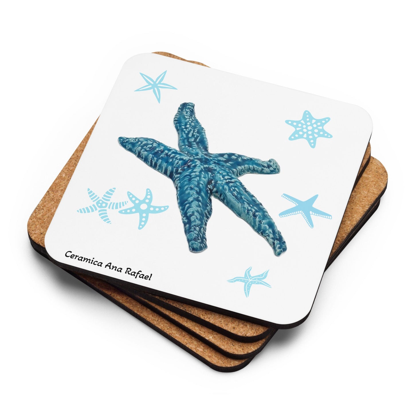 1Pc Blue Starfish MDF Cork-back Coaster With Printed Handmade Ceramic Starfish, Square With Rounded Corners, Office Desk Accessories For Him