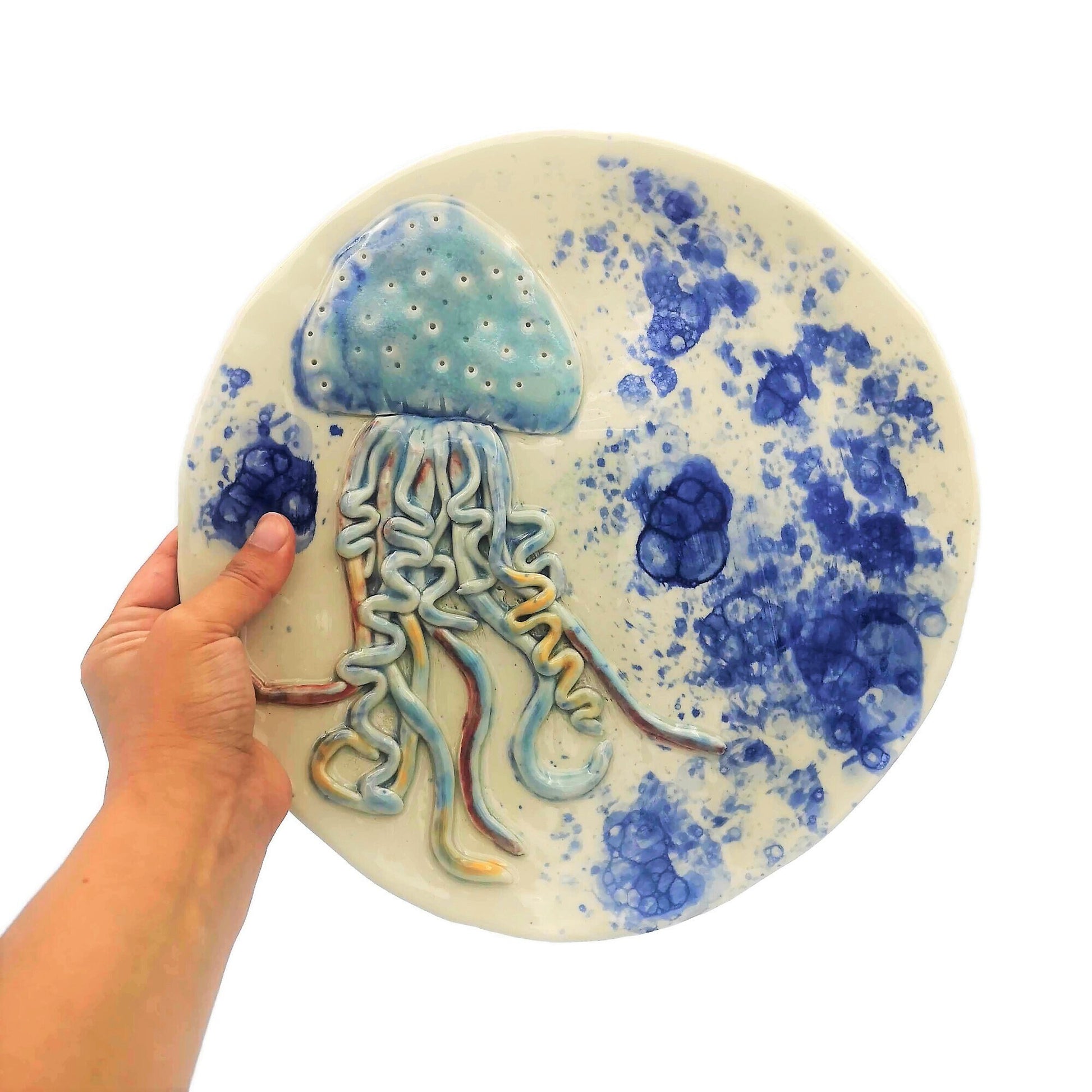 Decorative Handmade Ceramic Plates, Jellyfish Art Tray, Modern Coastal Wall Decor, Stoneware Pottery Serving Plate, Wedding Gift For Couple - Ceramica Ana Rafael