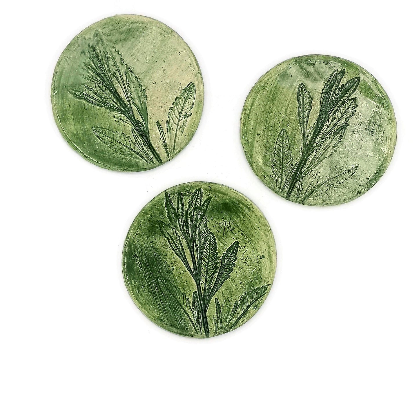 3Pcs Handmade Ceramic Coasters, Round Tiles With Cork Back and Green Lavender Leaves Design, Beer Coasters, Unusual Modern Pressed Plant - Ceramica Ana Rafael