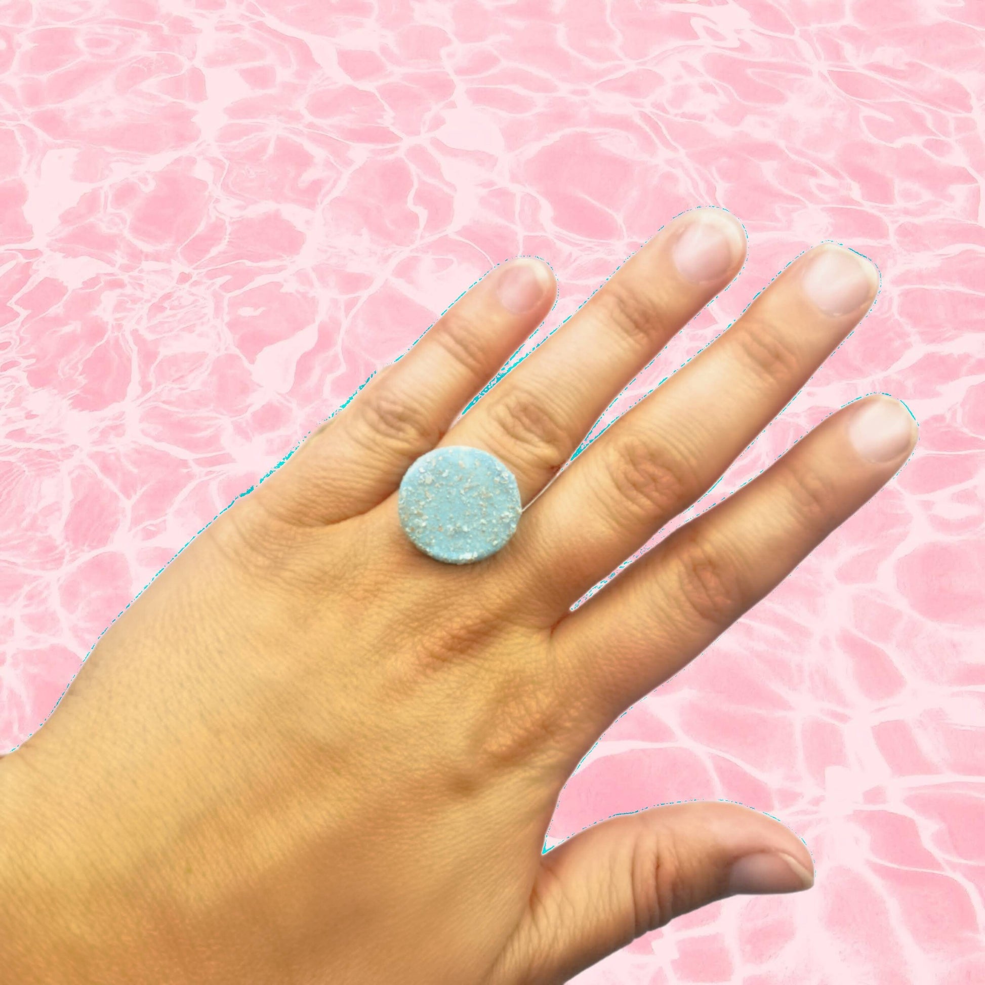 Handmade Ceramic Sparkly Turquoise Blue Ring For Women, Unique Stainless Steel Adjustable Ring, Porcelain Best 9th Anniversary Gifts For Her - Ceramica Ana Rafael